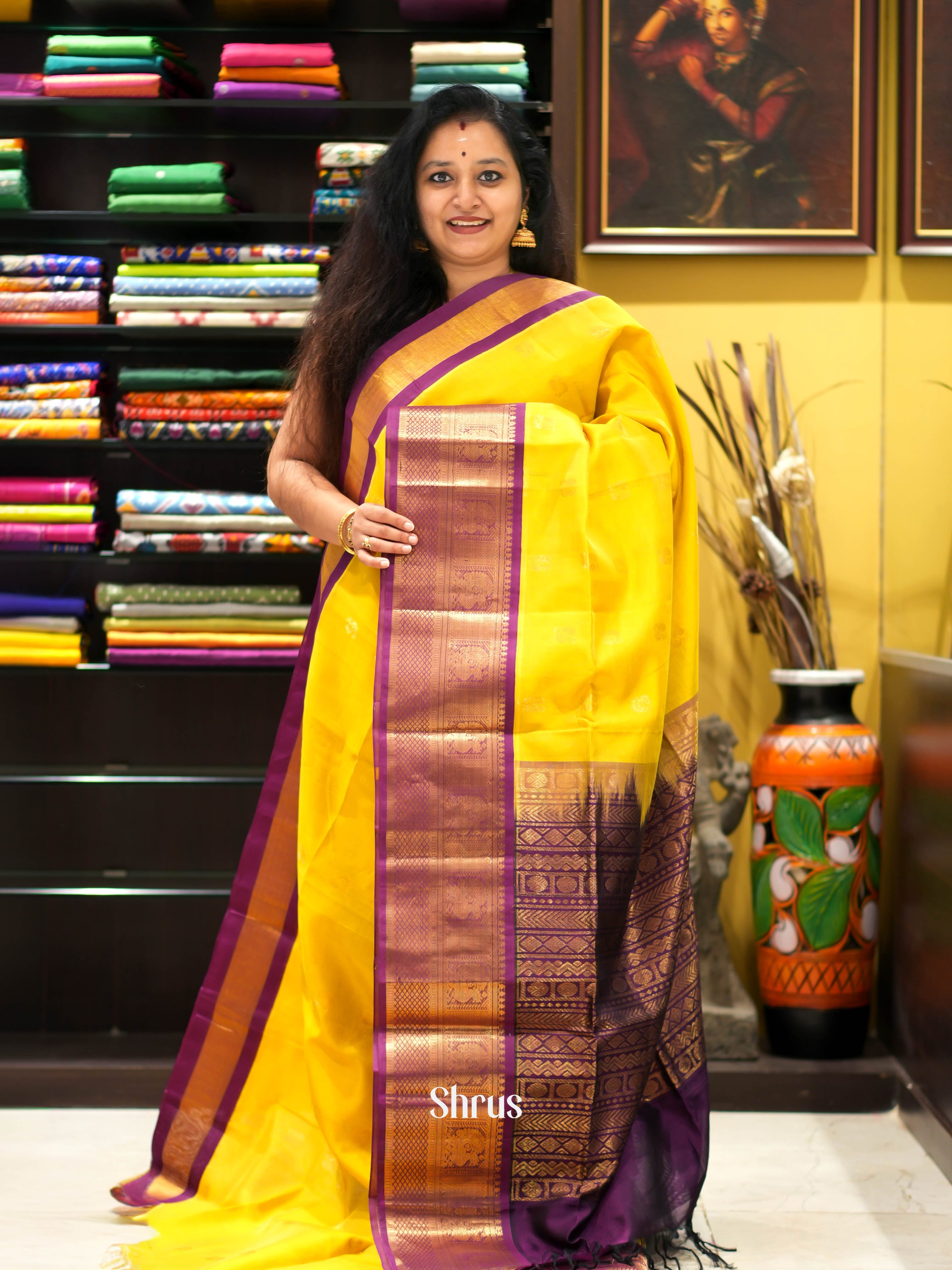 Yellow & Purple - Silk Cotton Saree - Shop on ShrusEternity.com