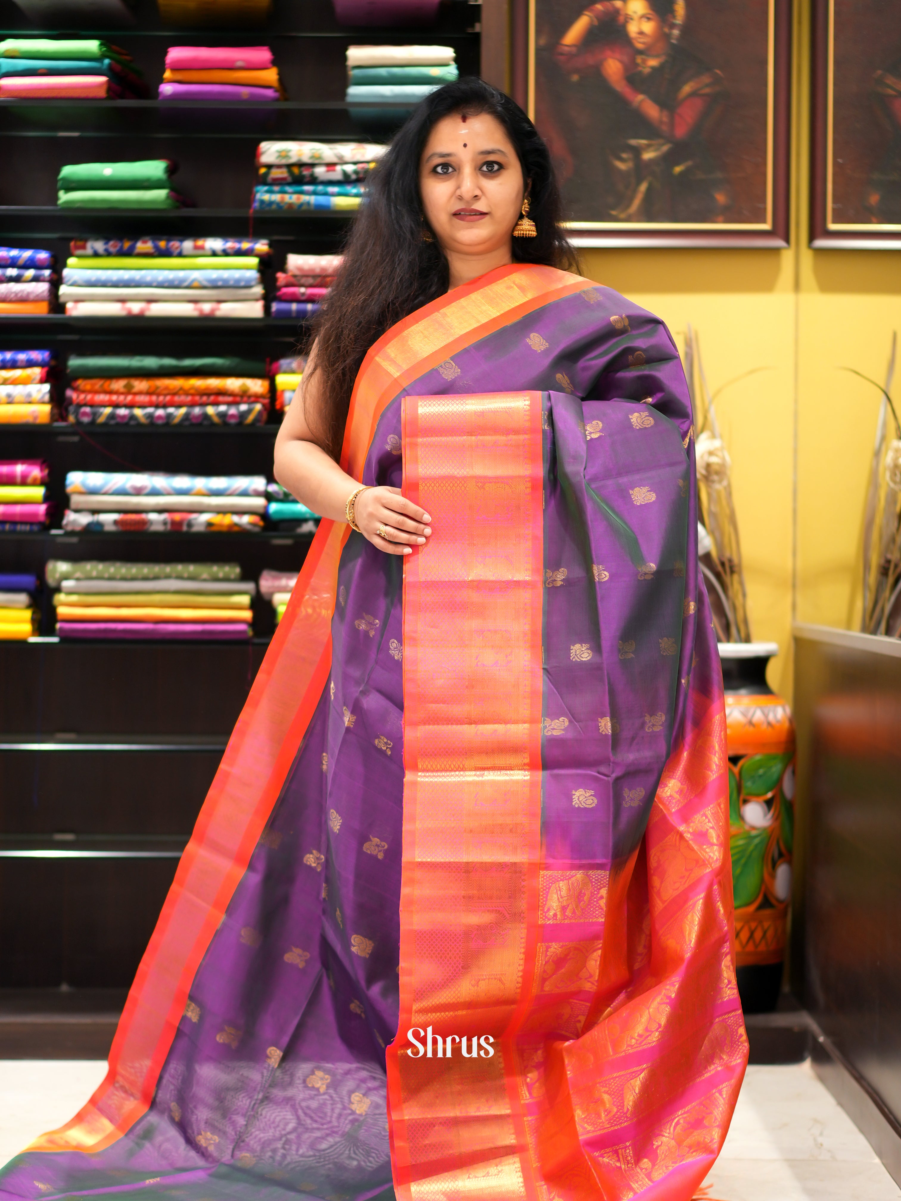 Purple & Orange - Silk Cotton Saree - Shop on ShrusEternity.com