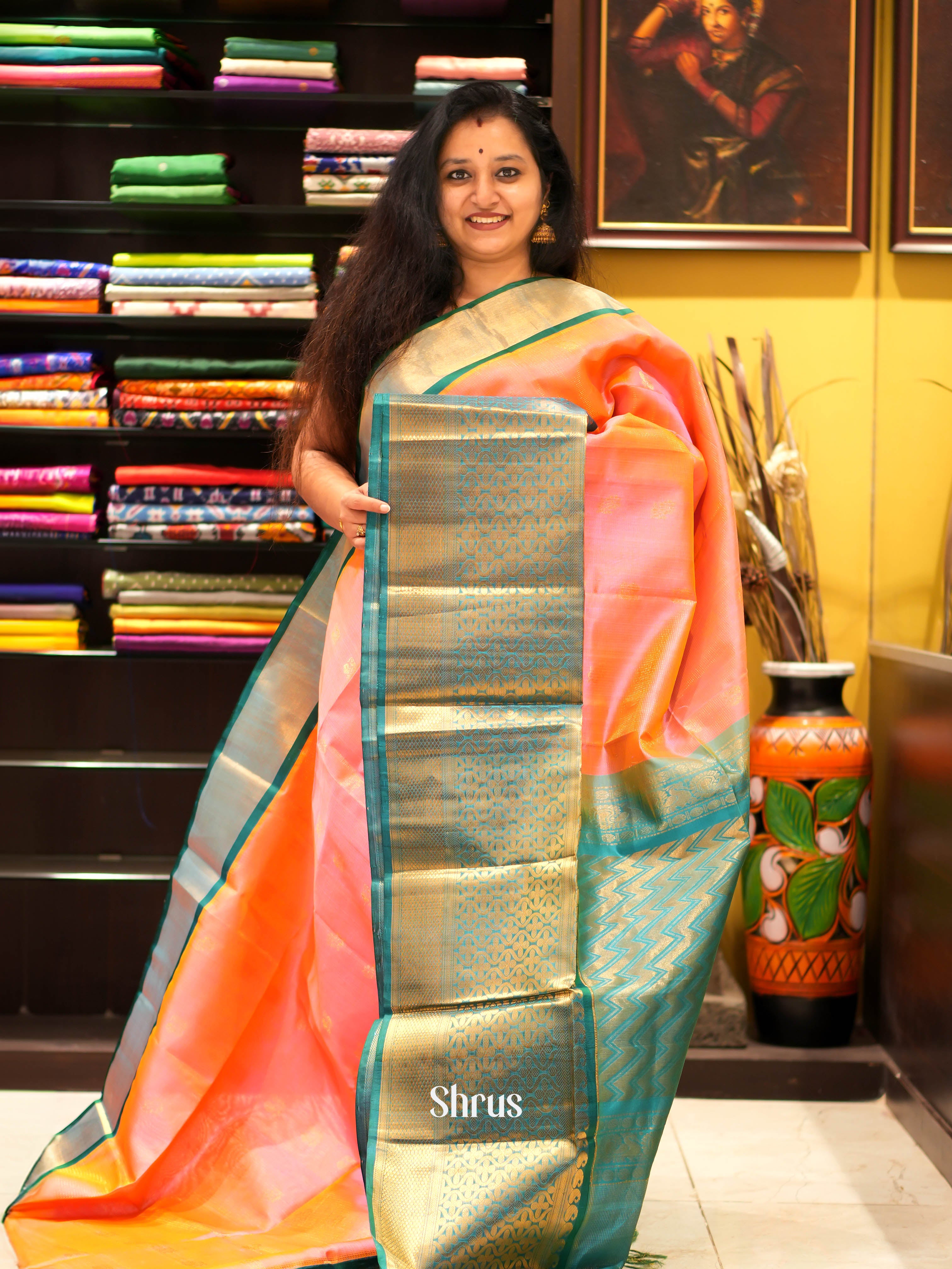 Peachish Pink & Teal Green - Silk Cotton Saree - Shop on ShrusEternity.com