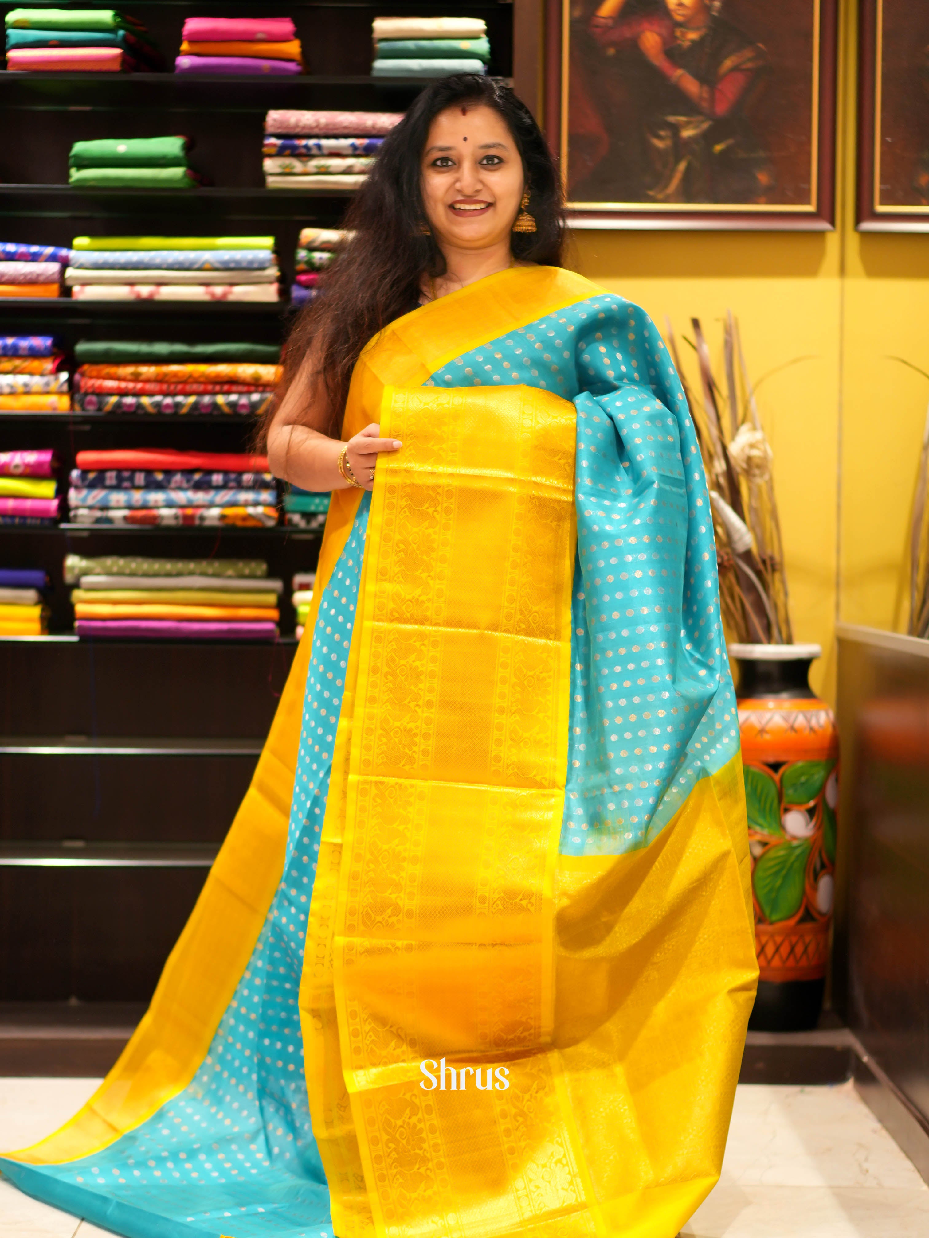 Teal & Yellow - Silk Cotton Saree - Shop on ShrusEternity.com