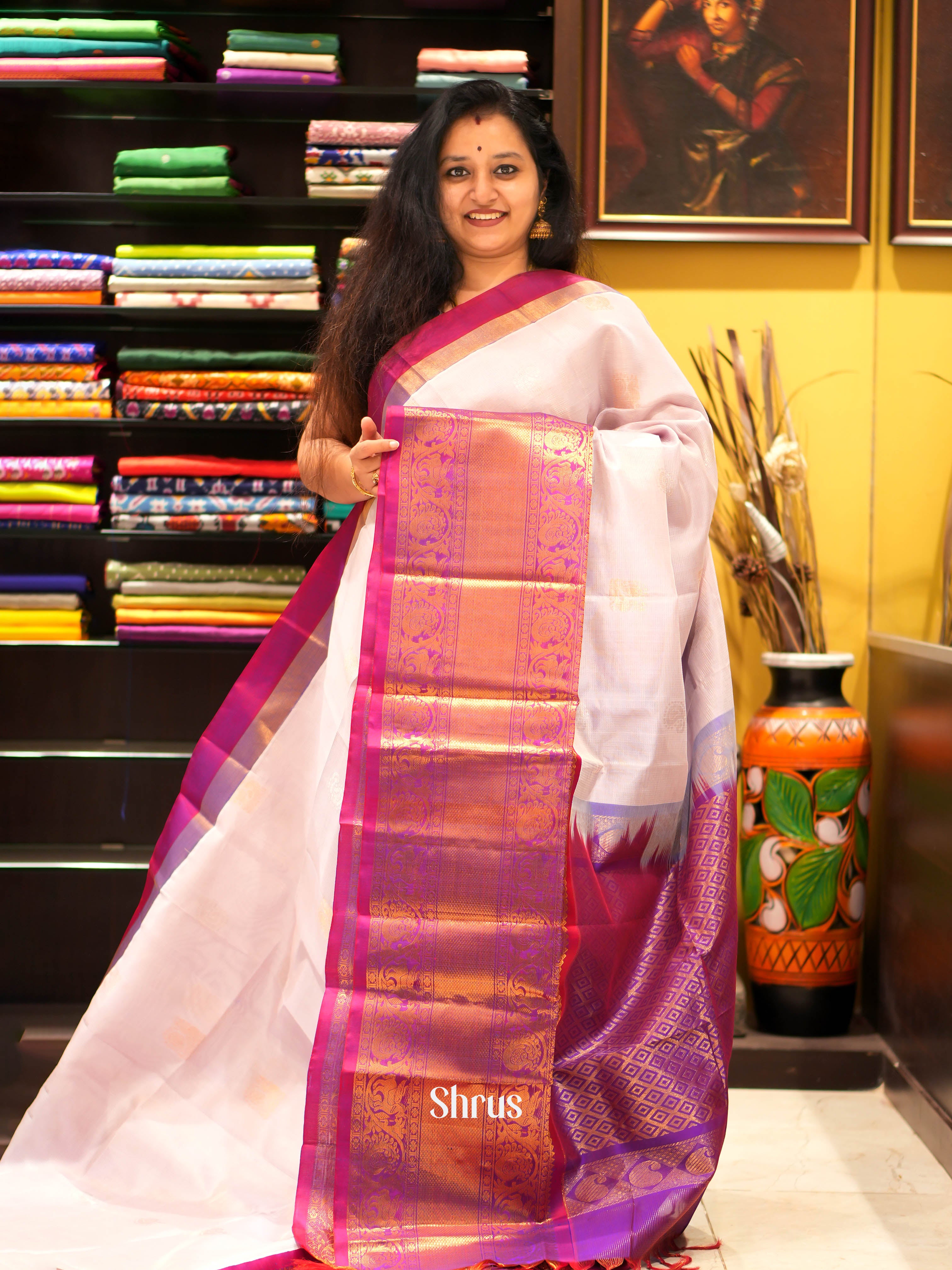 Cream & Purple - Silk Cotton Saree - Shop on ShrusEternity.com