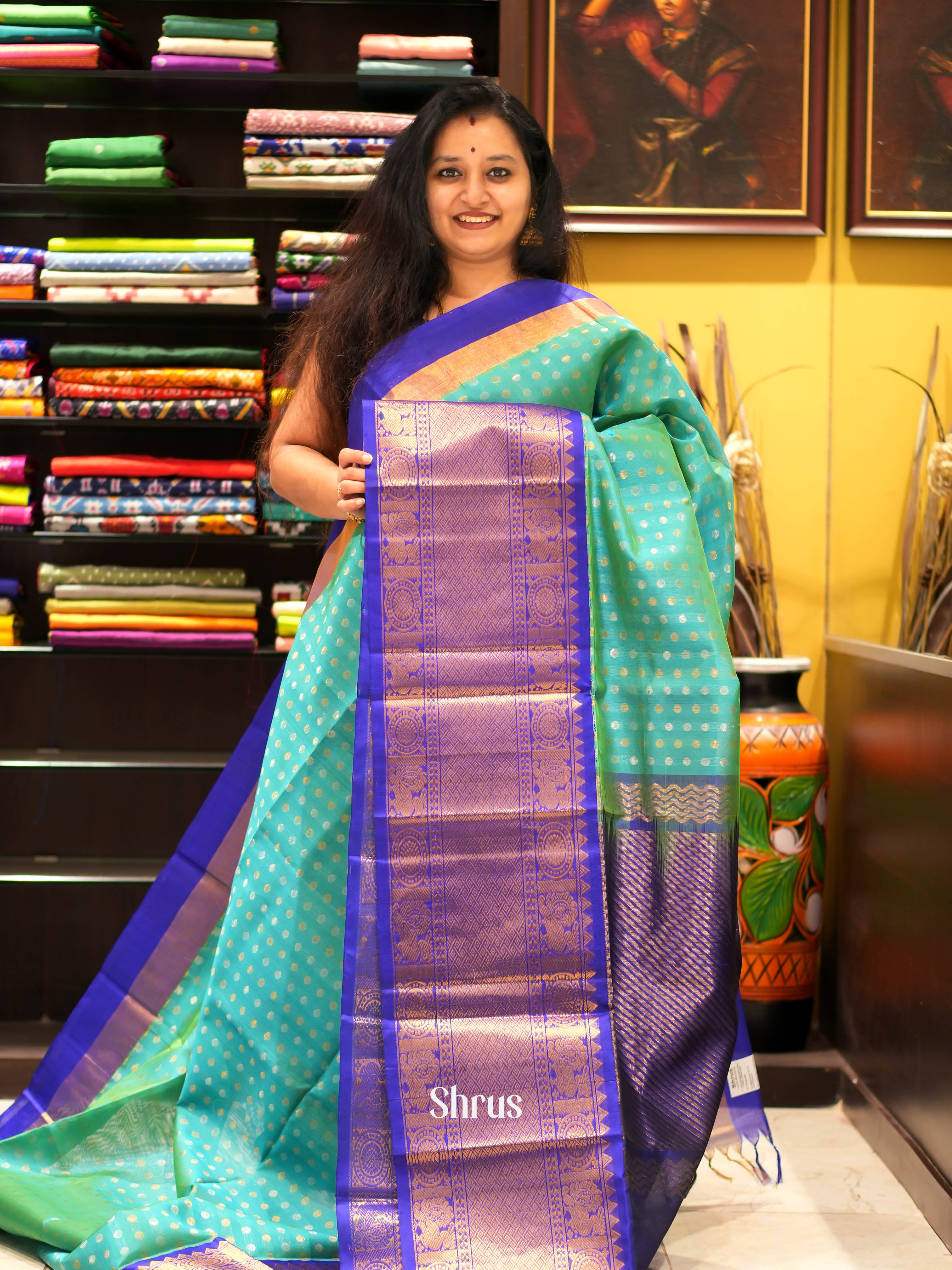 Teal & Blue - Silk Cotton Saree - Shop on ShrusEternity.com