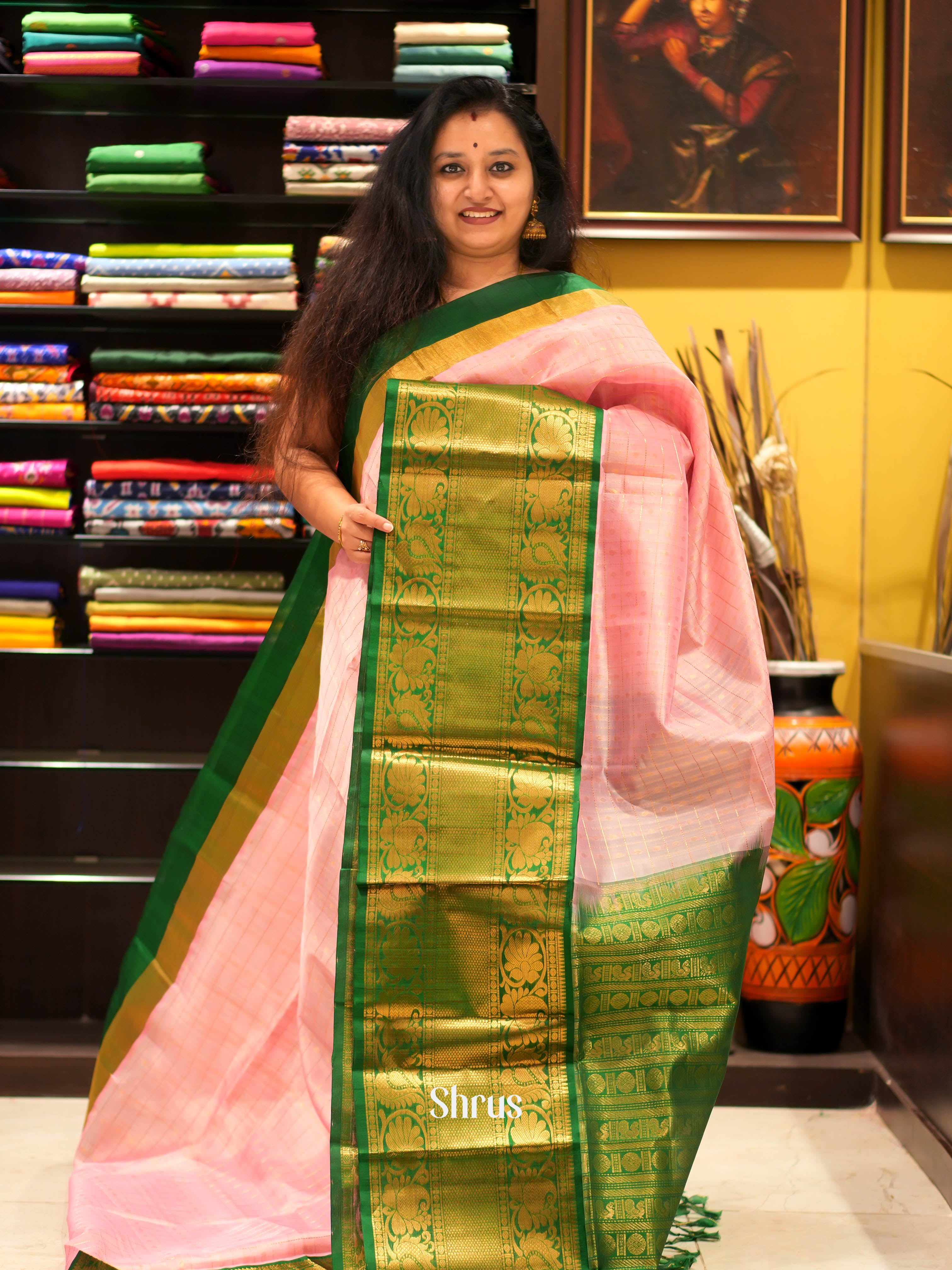 Pink & Green - Silk Cotton Saree - Shop on ShrusEternity.com