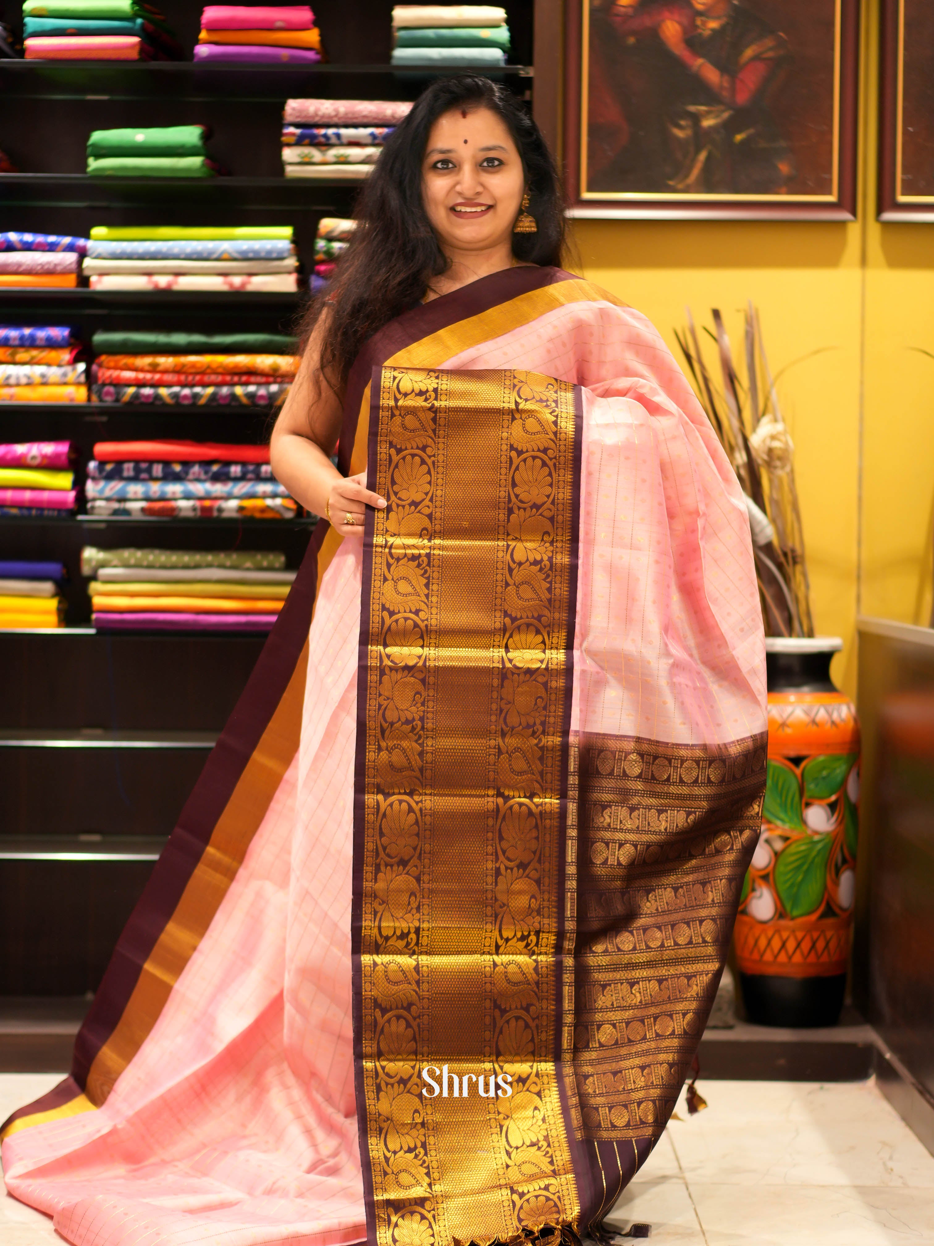Pink & Brown - Silk Cotton Saree - Shop on ShrusEternity.com