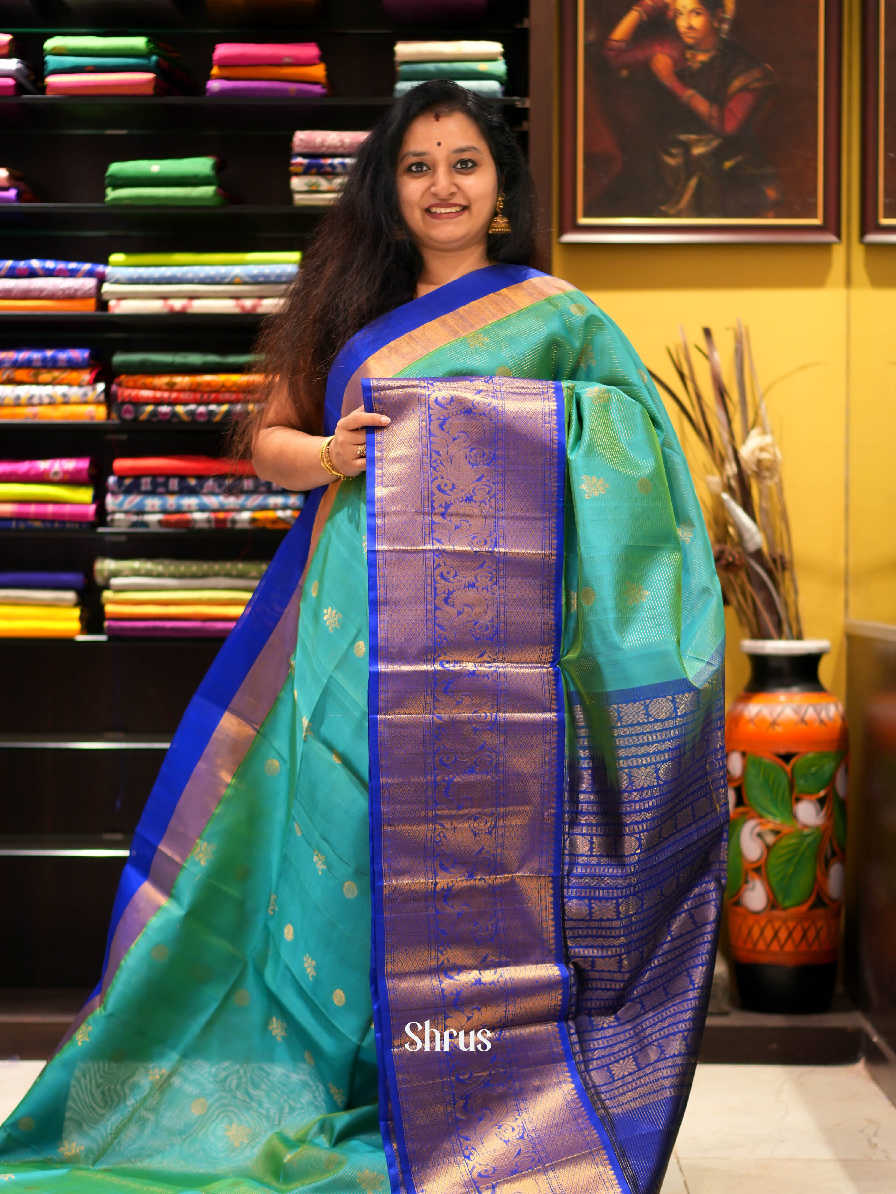 Teal & Blue- Silk Cotton Saree - Shop on ShrusEternity.com