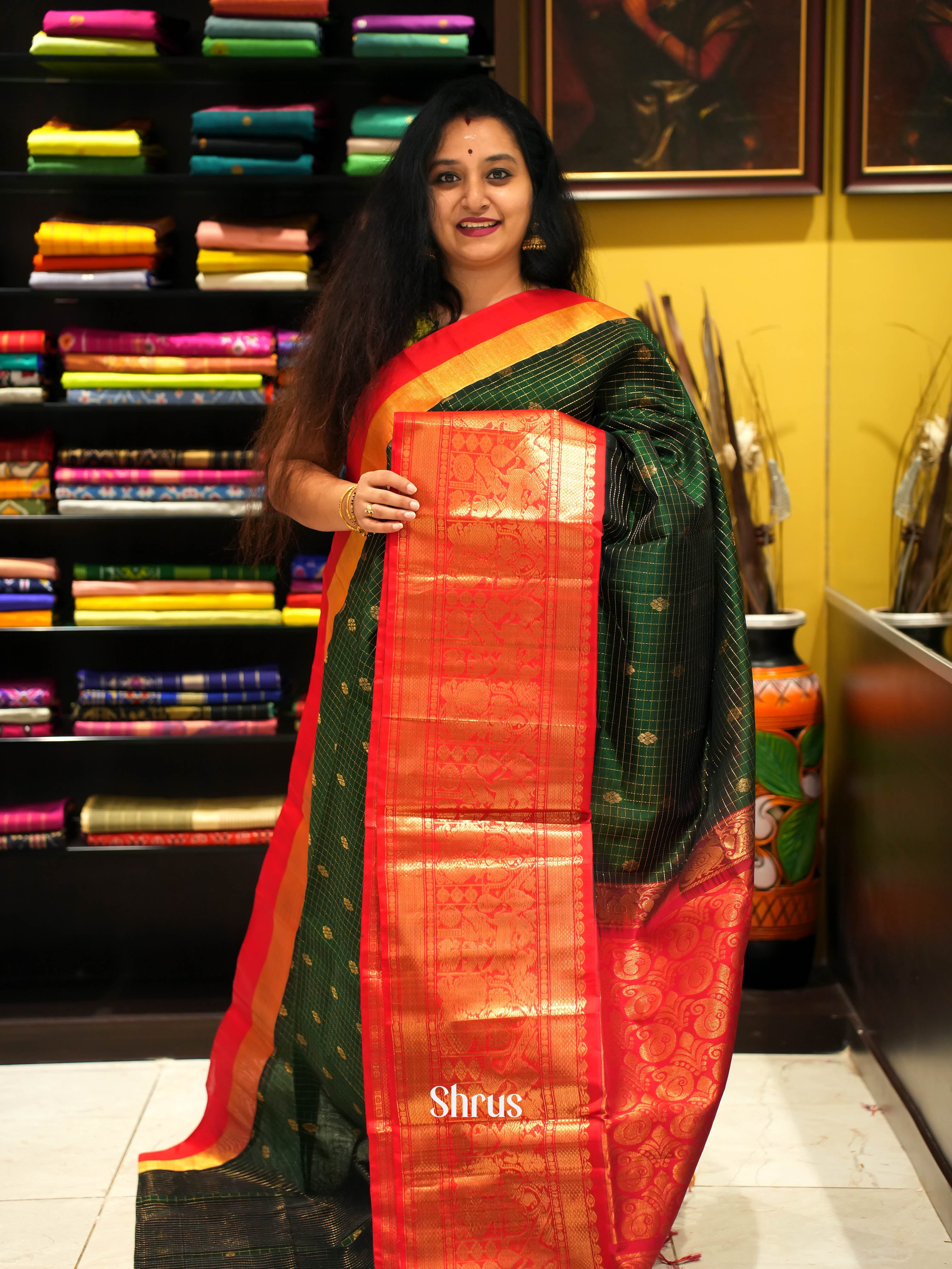 Green & Red - Silk Cotton Saree - Shop on ShrusEternity.com