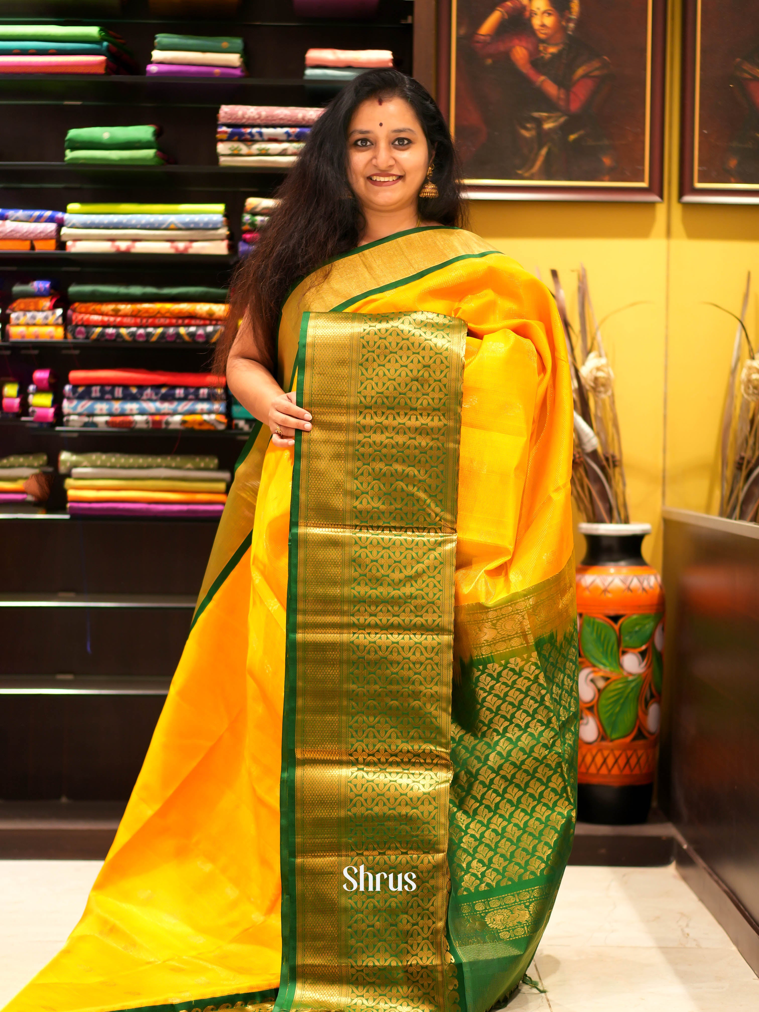 Yellow & Green - Silk Cotton Saree - Shop on ShrusEternity.com