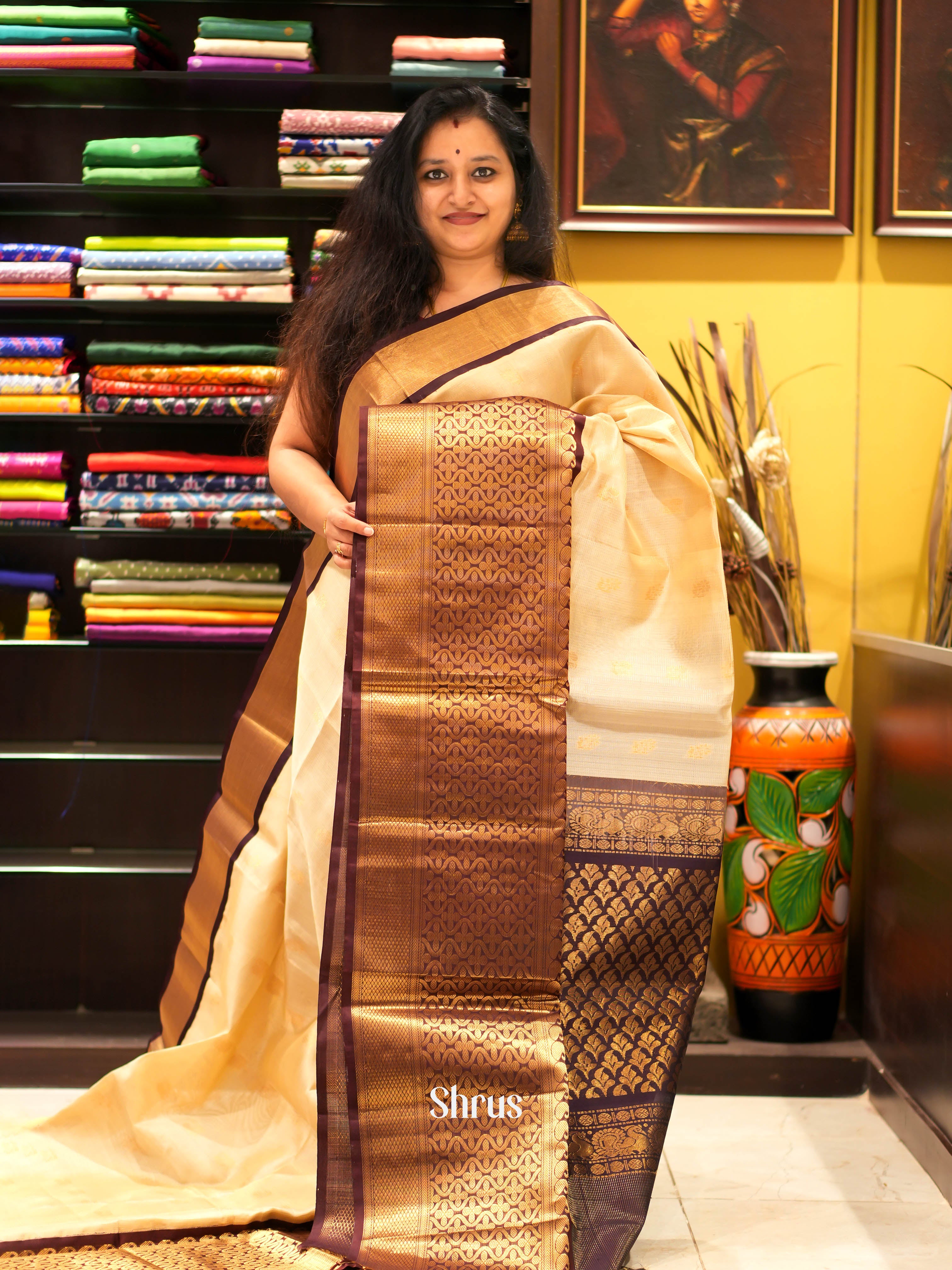 Cream & Brown - Silk Cotton Saree - Shop on ShrusEternity.com