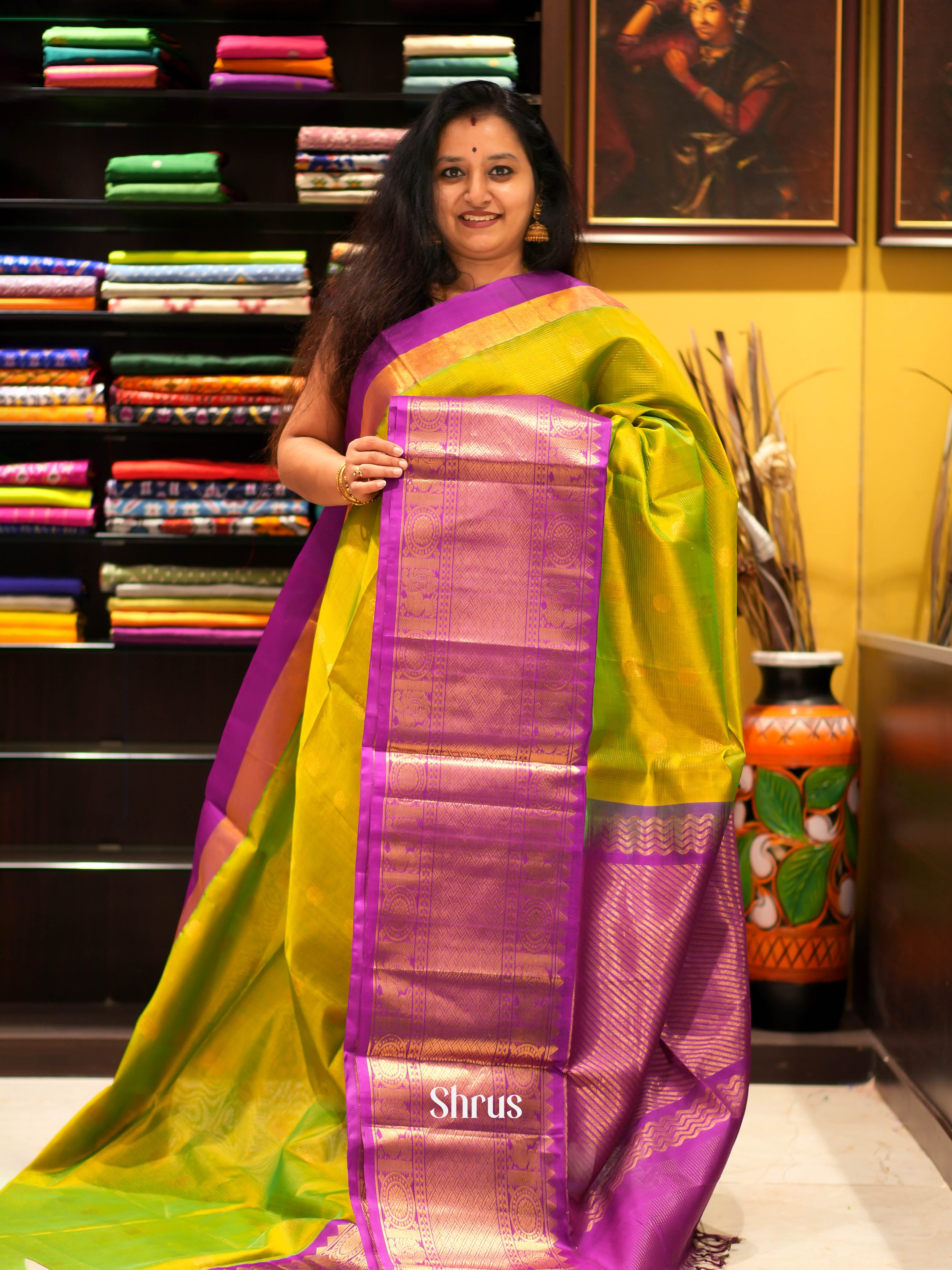 Green & Majenta- Silk Cotton Saree - Shop on ShrusEternity.com