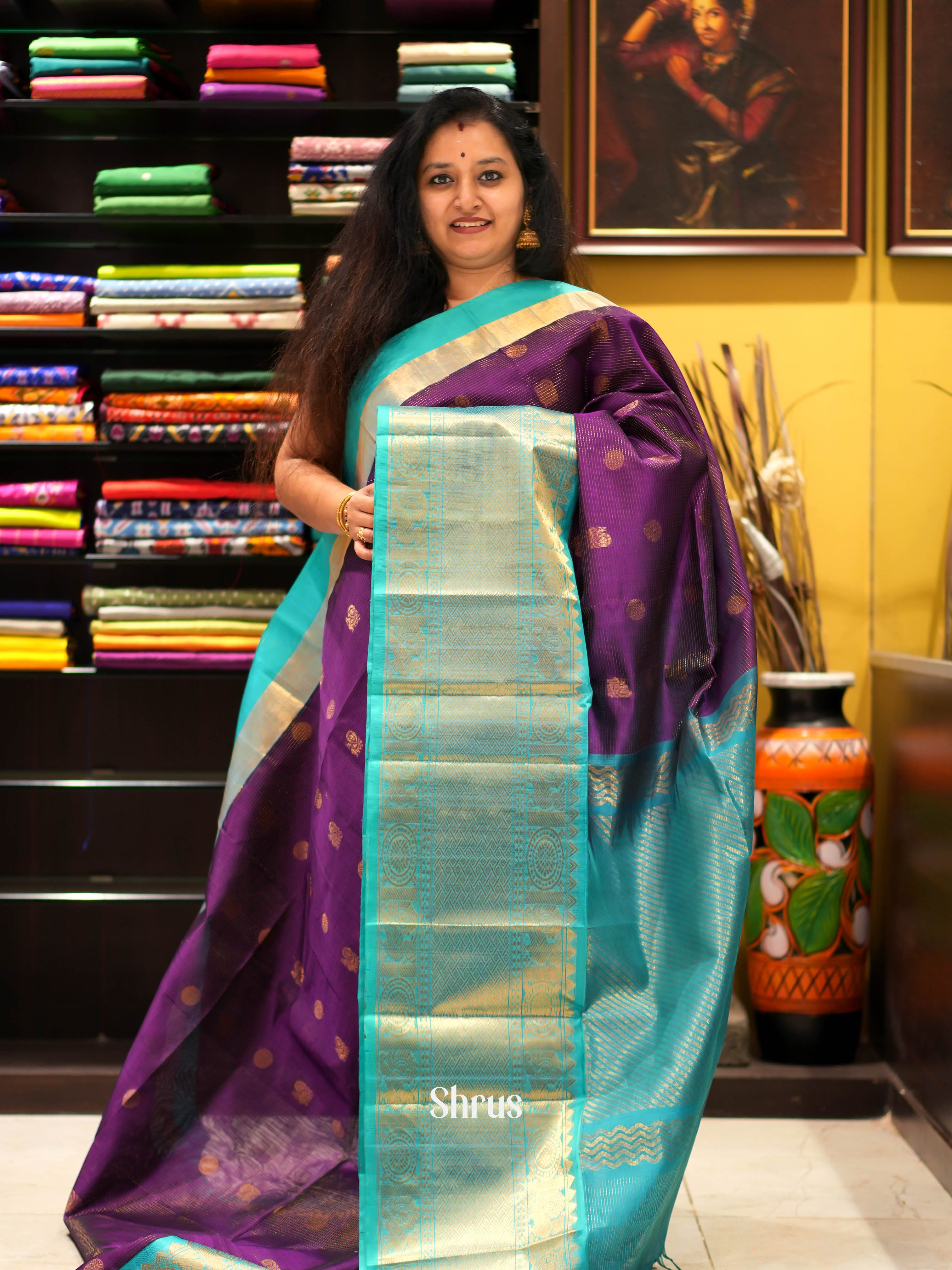 Violet & Teal - Silk Cotton Saree - Shop on ShrusEternity.com
