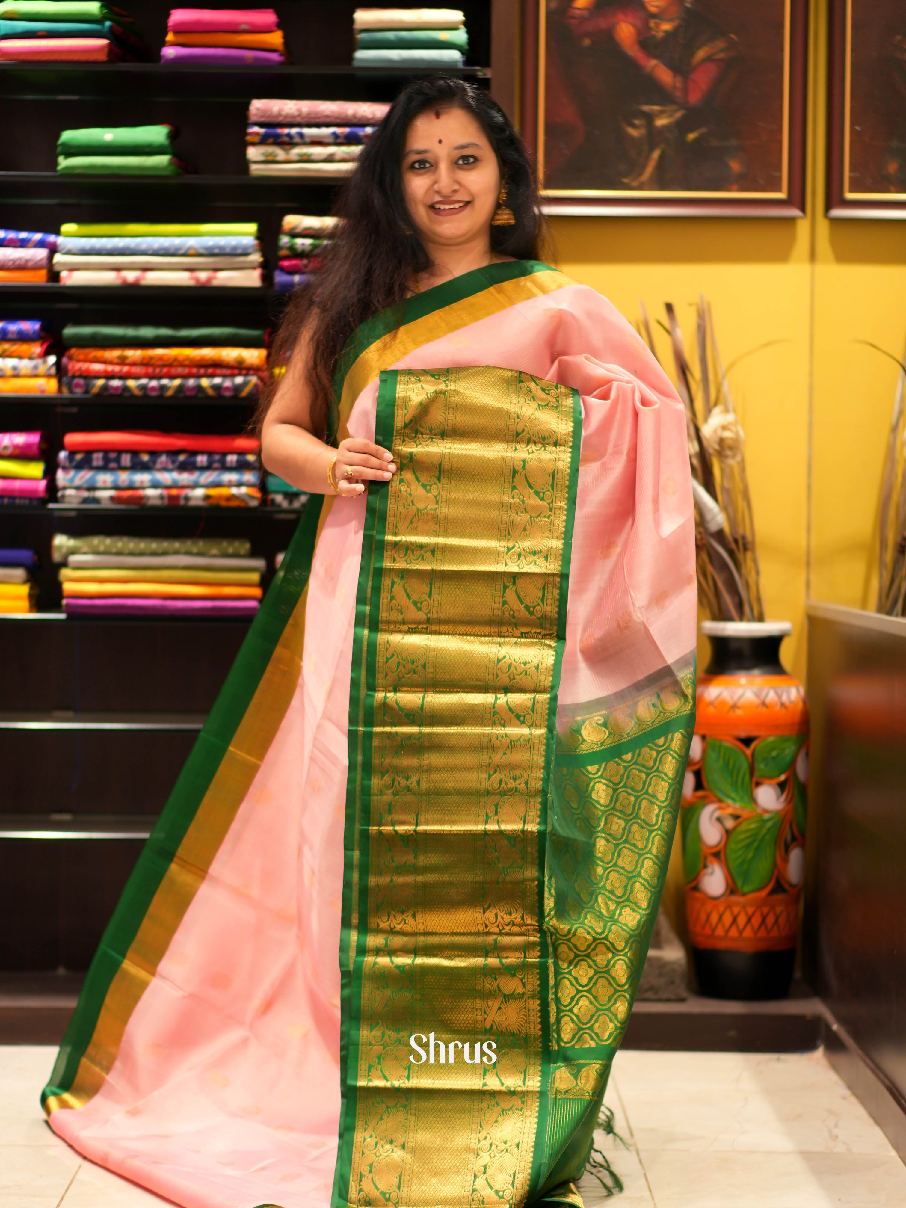 Pink & Green - Silk Cotton Saree - Shop on ShrusEternity.com