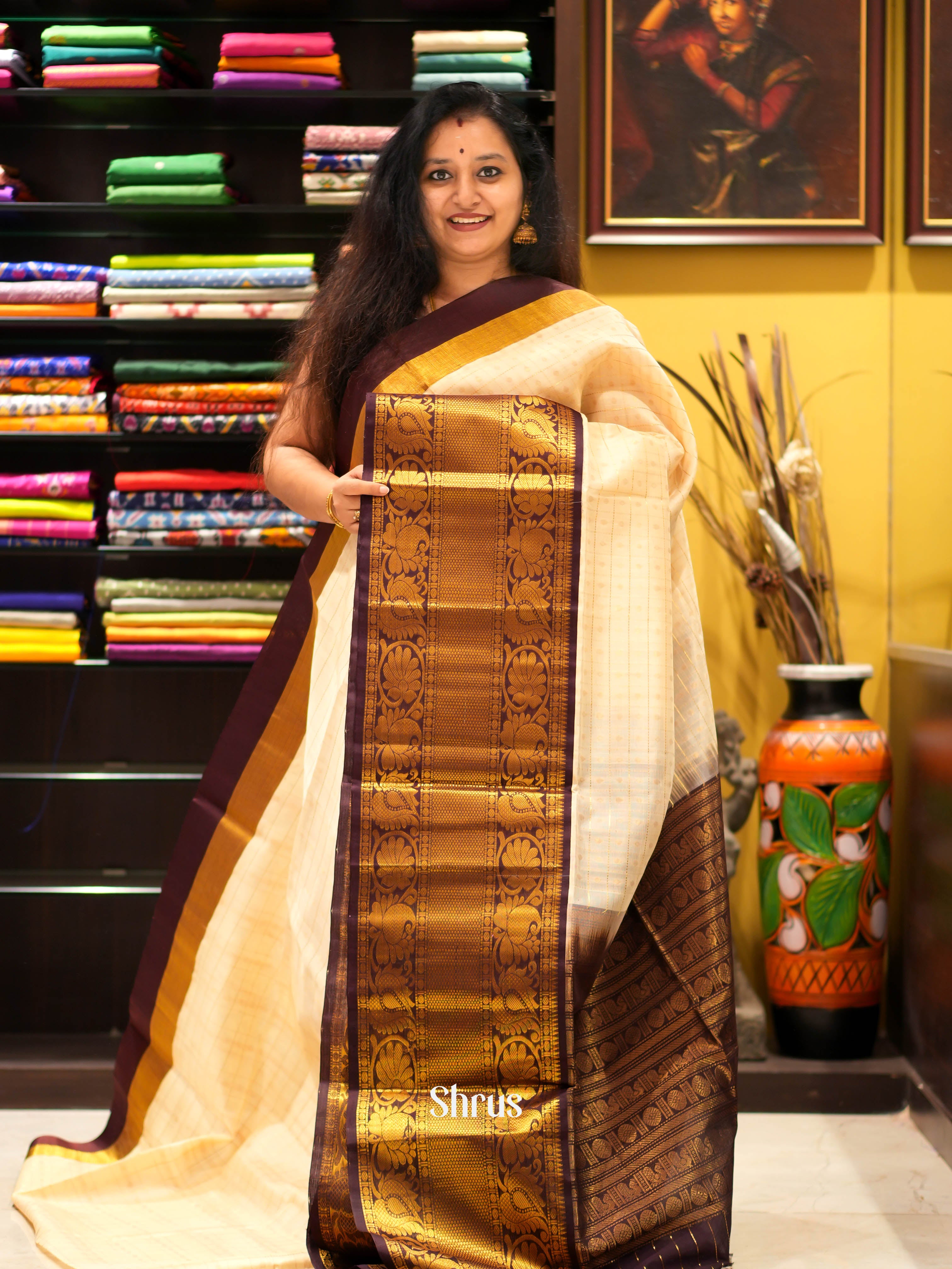 Cream & Brown - Silk Cotton Saree - Shop on ShrusEternity.com