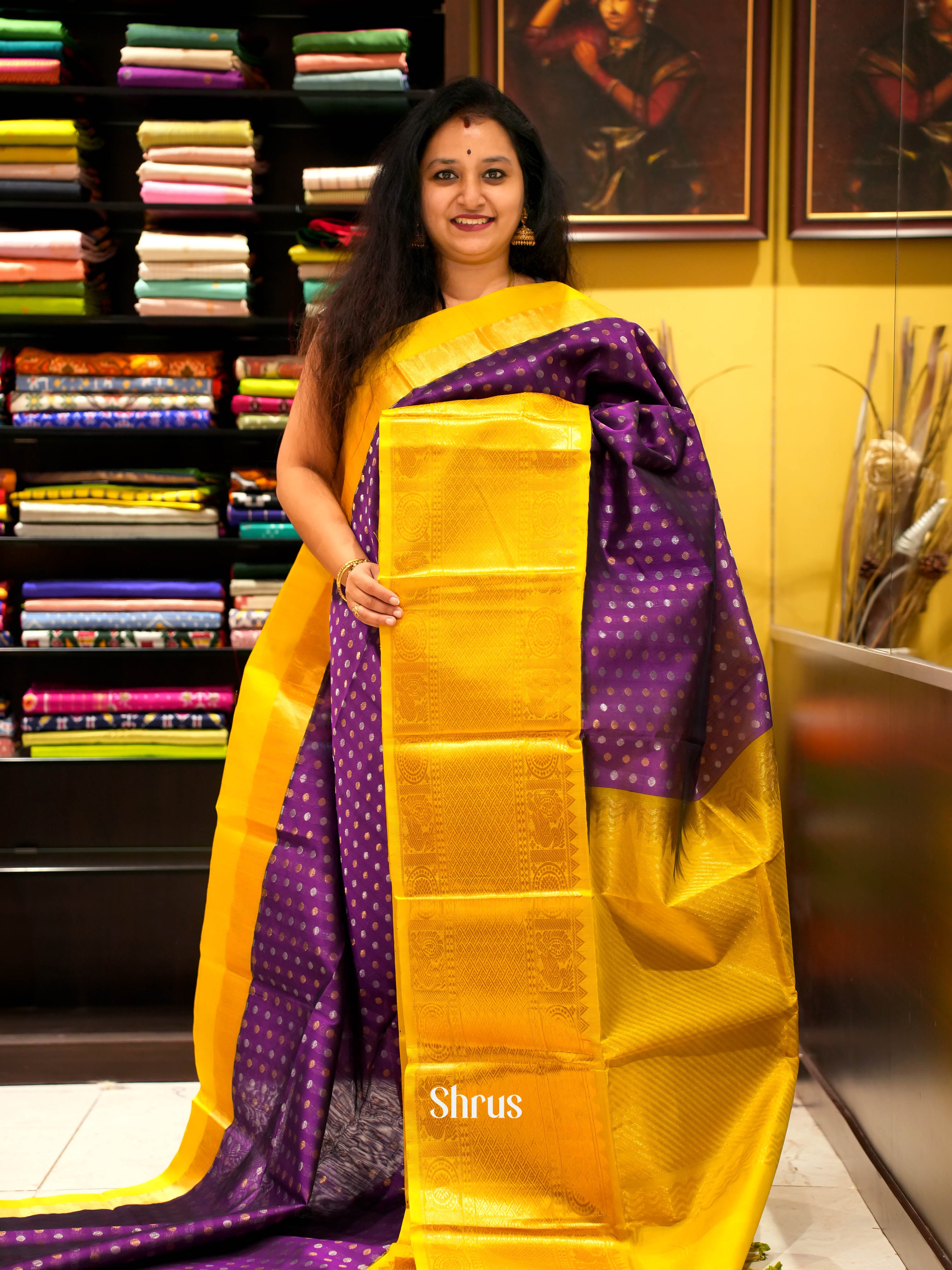 Violet & Yellow - Silk Cotton Saree - Shop on ShrusEternity.com