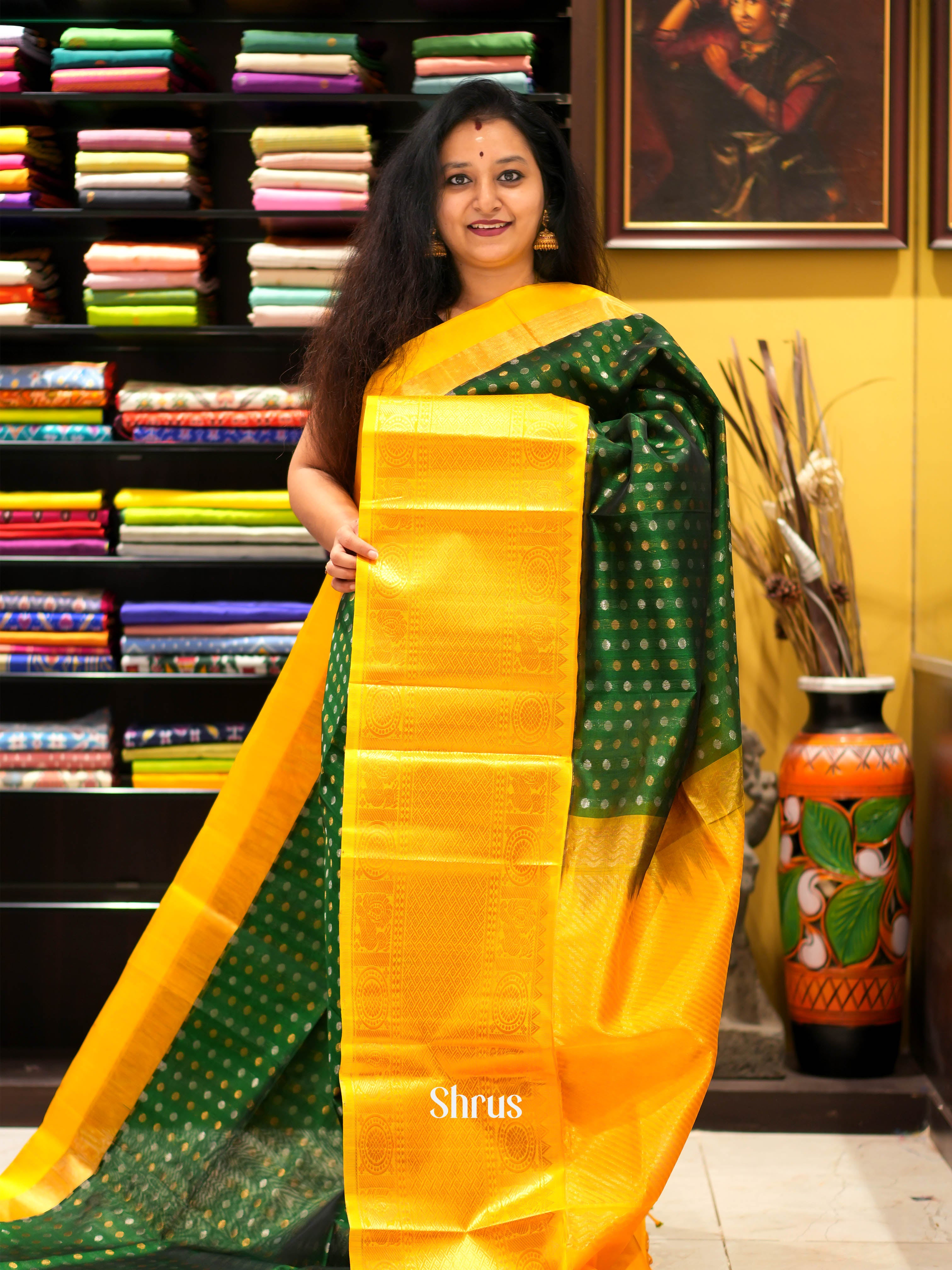 Green & Yellow - Silk Cotton Saree - Shop on ShrusEternity.com