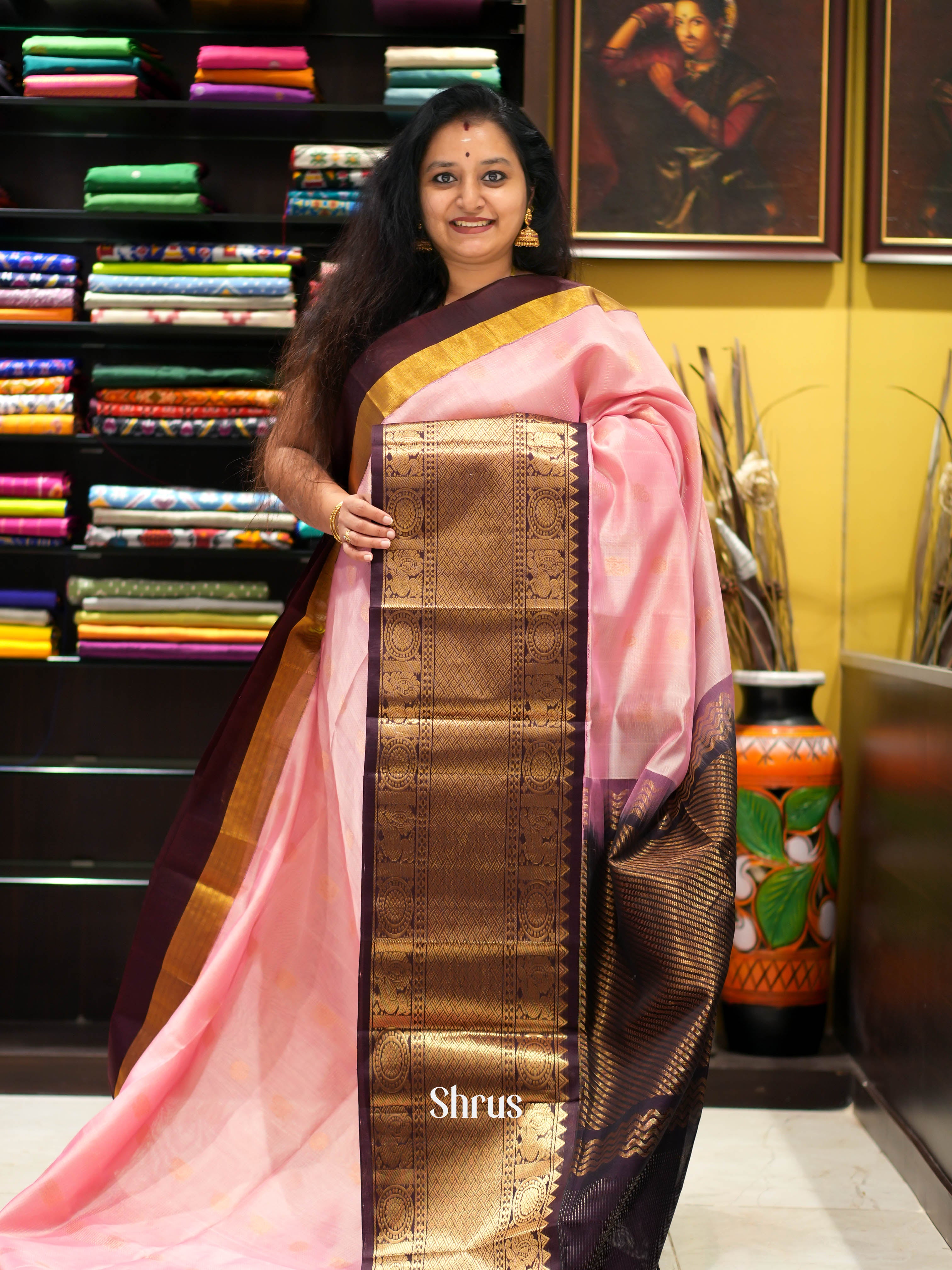 Pink & Brown - Silk Cotton Saree - Shop on ShrusEternity.com