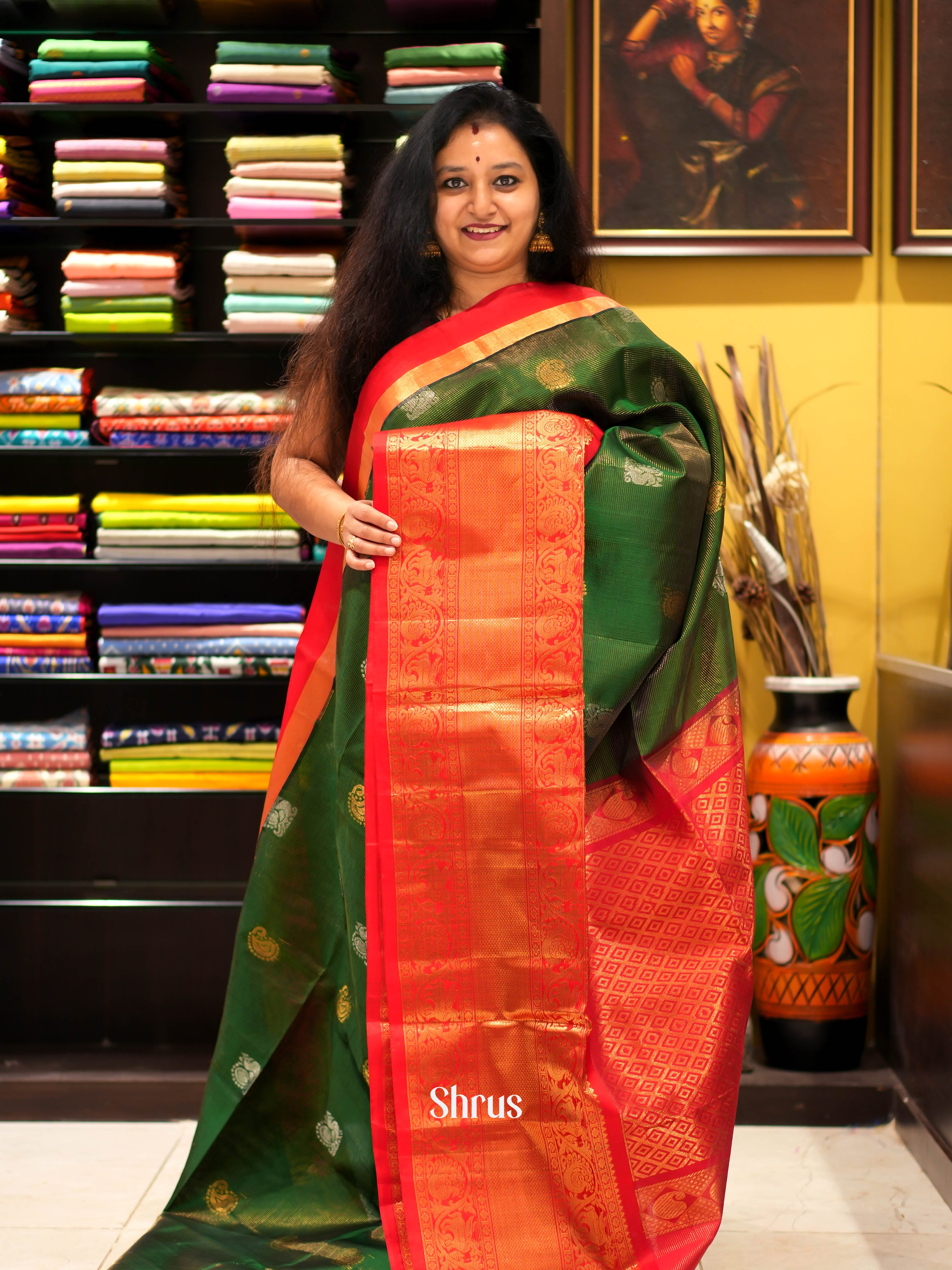 Green & Red - Silk cotton Saree - Shop on ShrusEternity.com