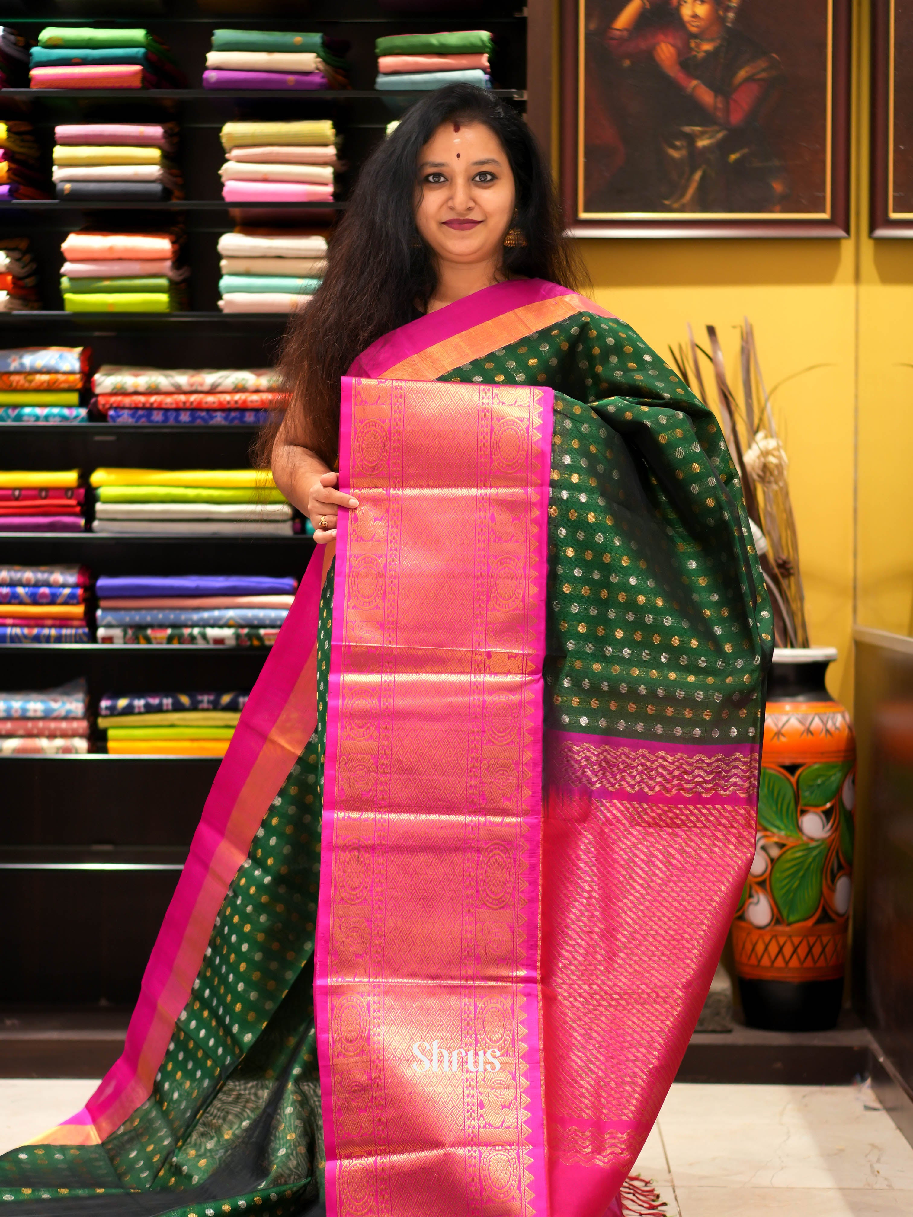 Green & Pink - Silk cotton Saree - Shop on ShrusEternity.com