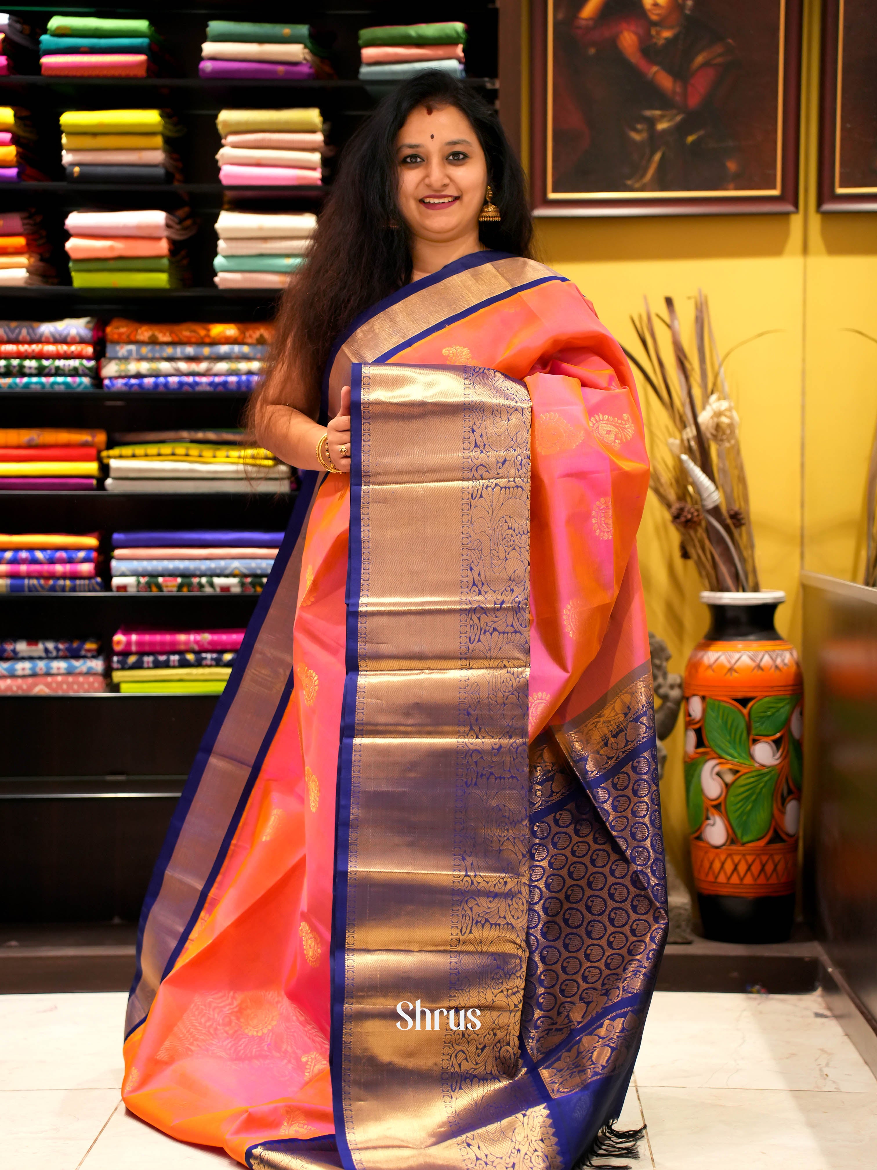 Peachish Pink & Blue - Silk Cotton Saree - Shop on ShrusEternity.com