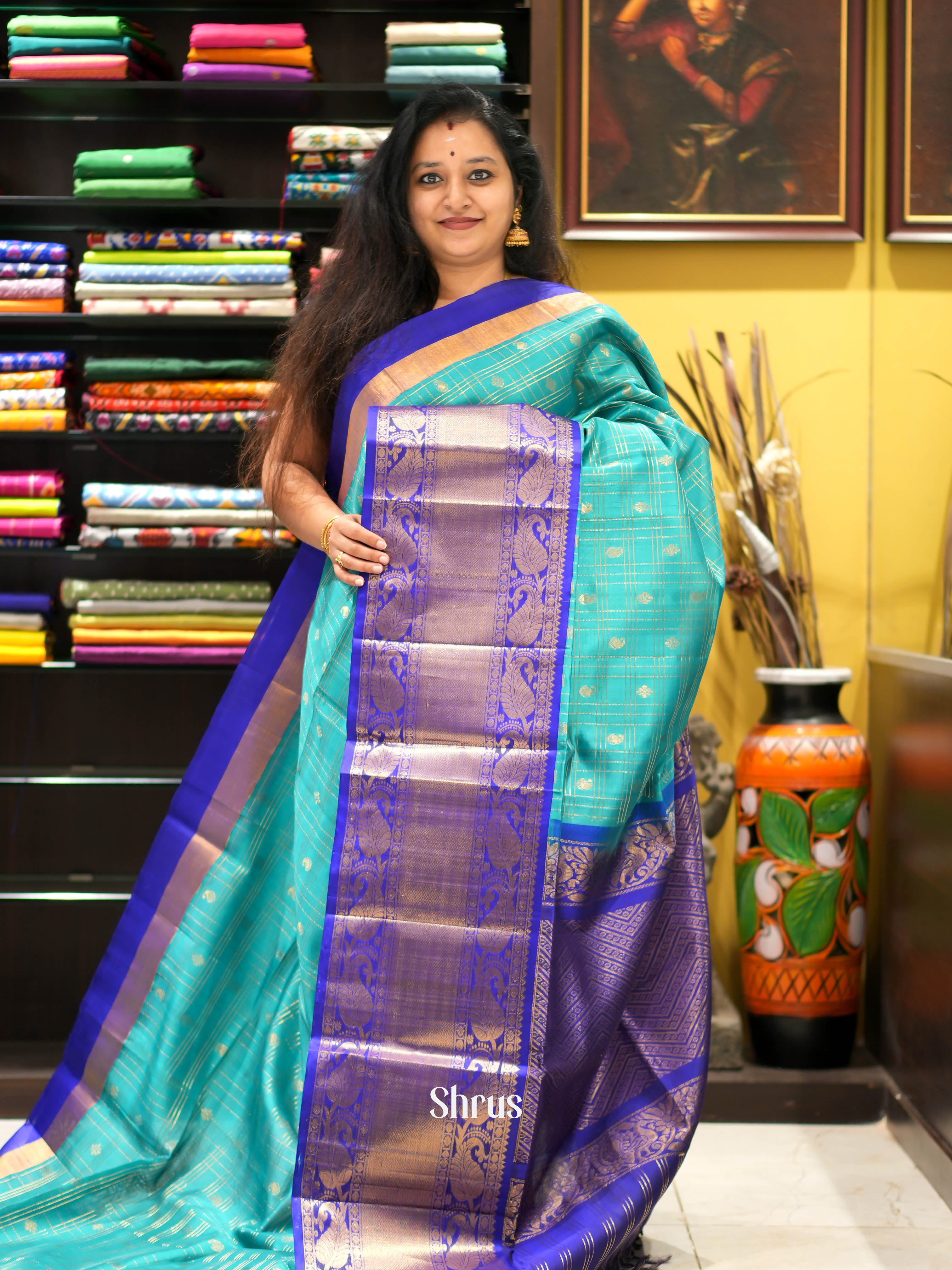 Teal & Blue - Silk Cotton Saree - Shop on ShrusEternity.com