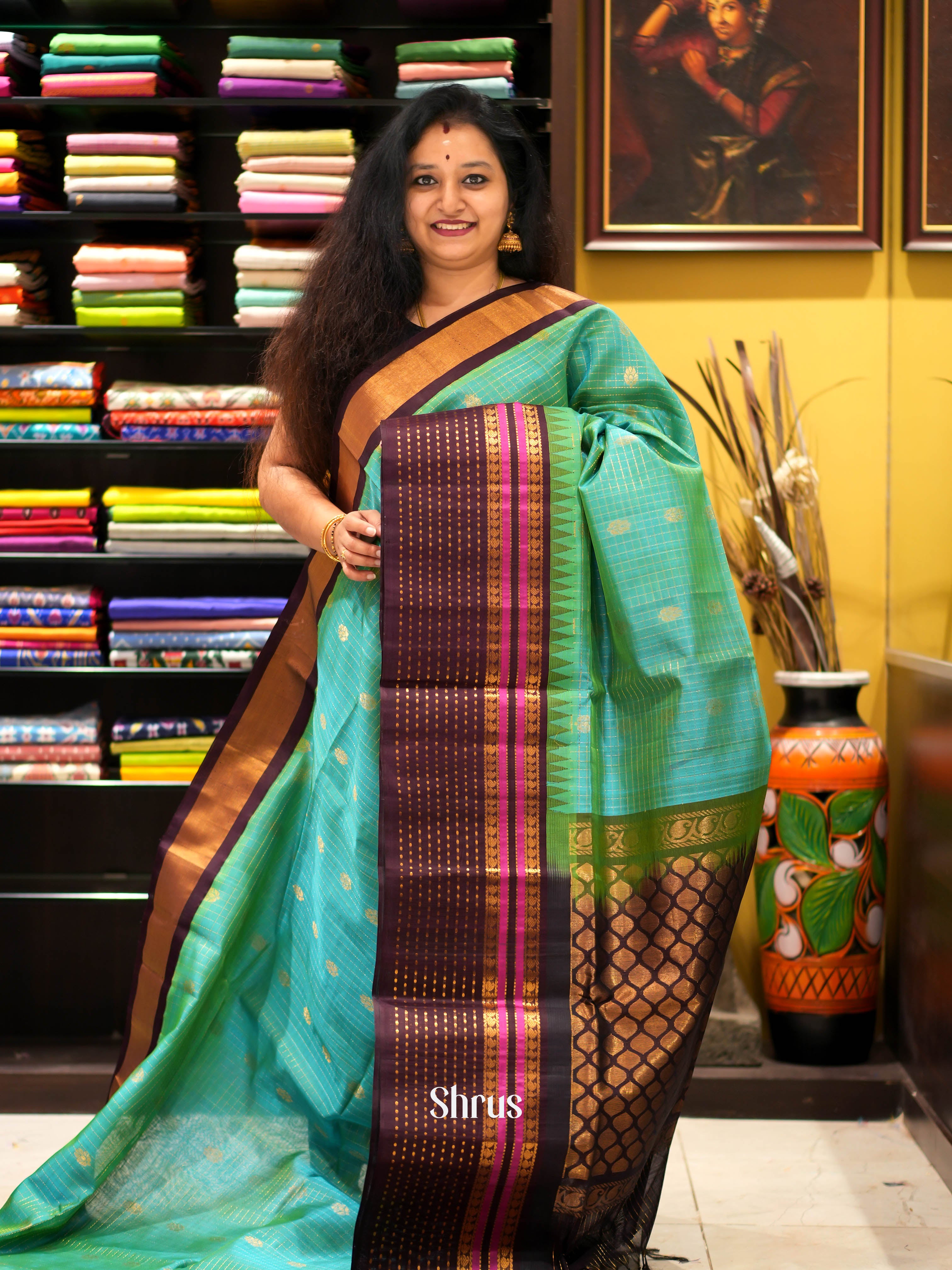 Teal & Brown- Silk cotton Saree - Shop on ShrusEternity.com