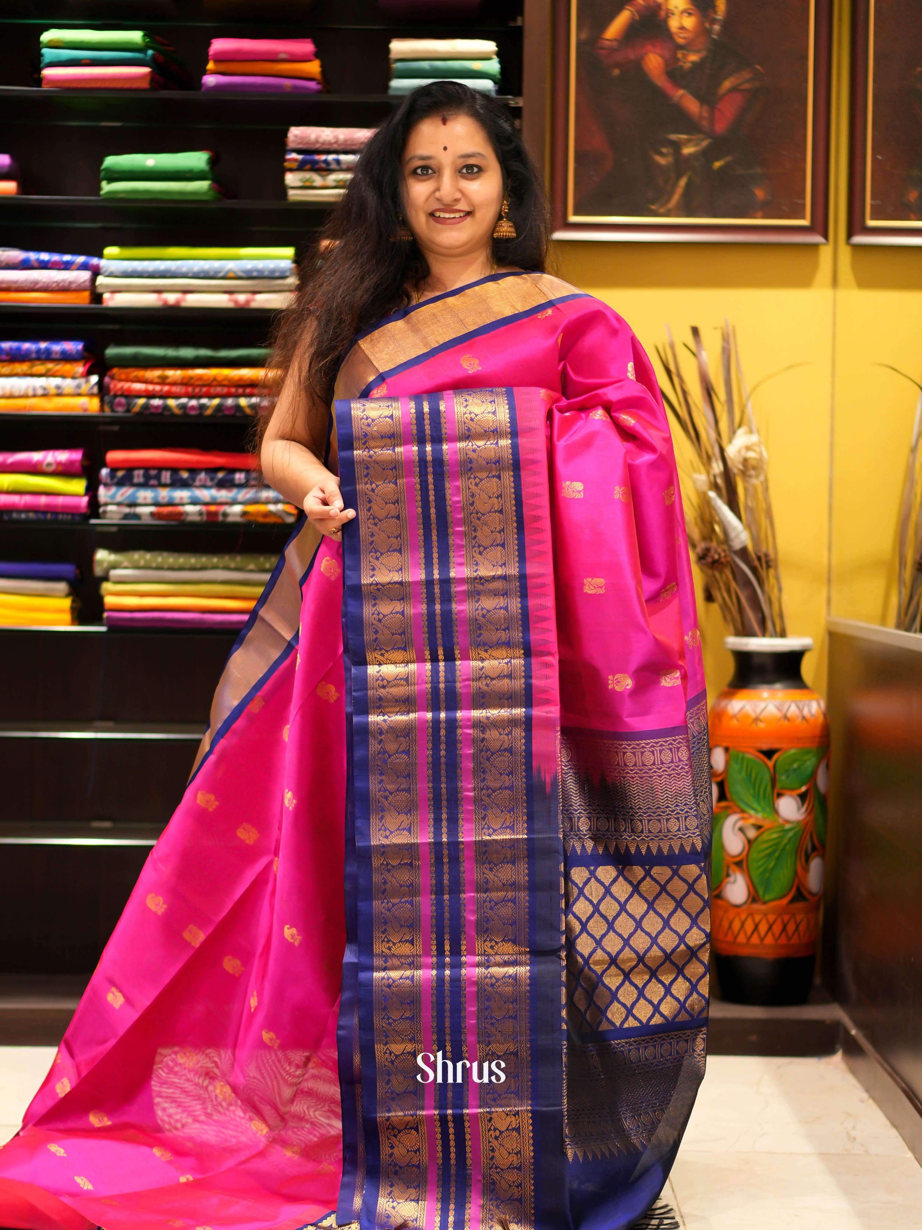 Pink & Blue- Silk Cotton Saree - Shop on ShrusEternity.com