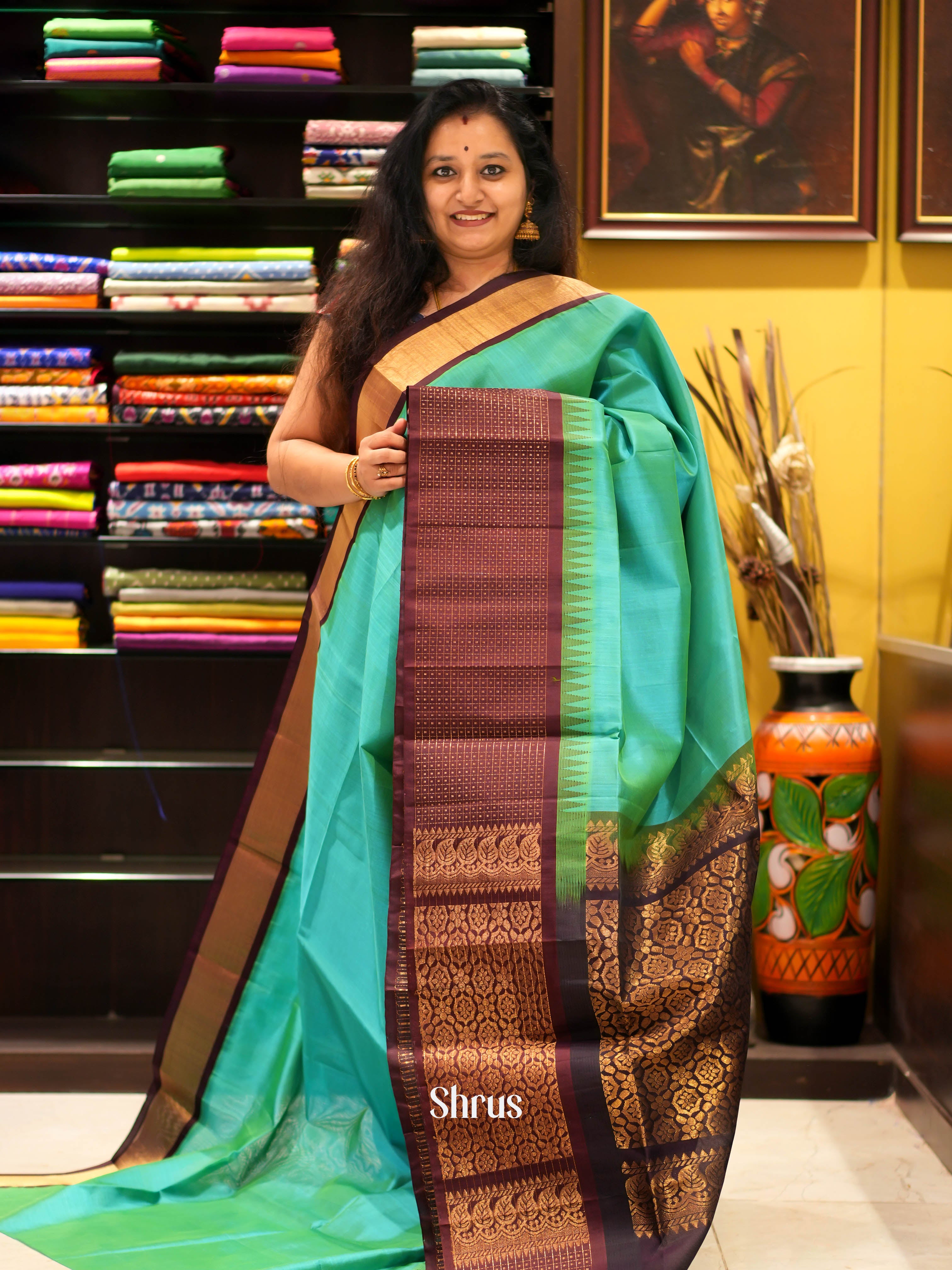 Teal & Brown - Silk Cotton Saree - Shop on ShrusEternity.com
