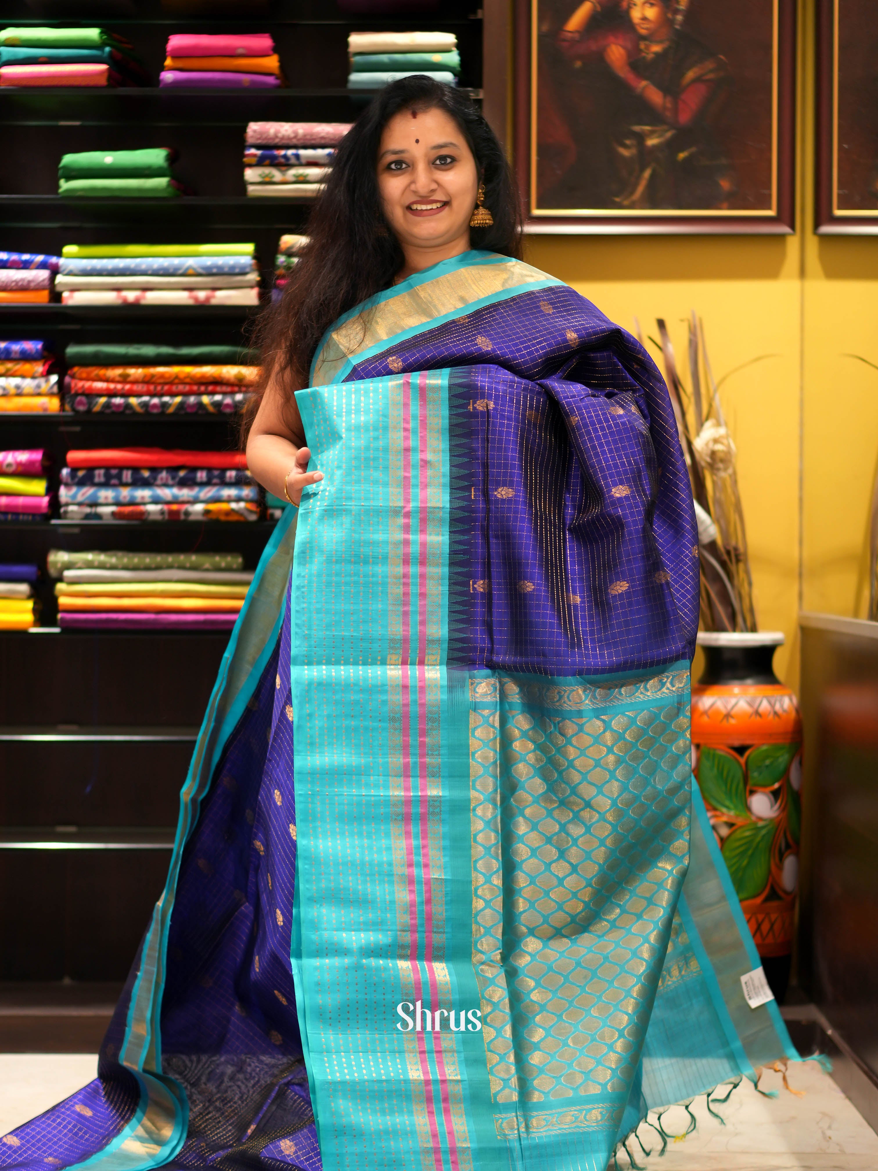 Blue & Teal - Silk Cotton Saree - Shop on ShrusEternity.com