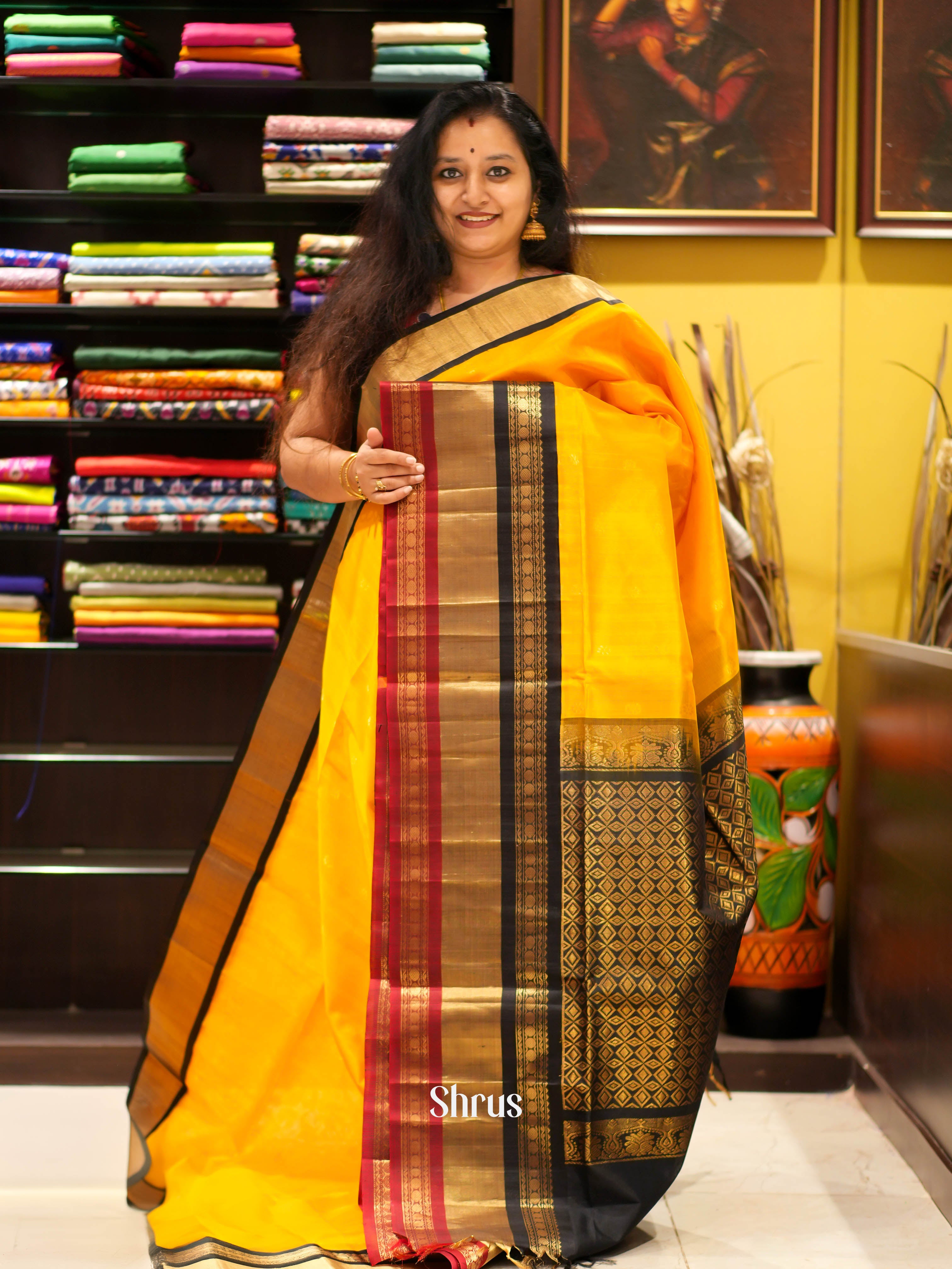 Yellow & Black - Silk Cotton Saree - Shop on ShrusEternity.com