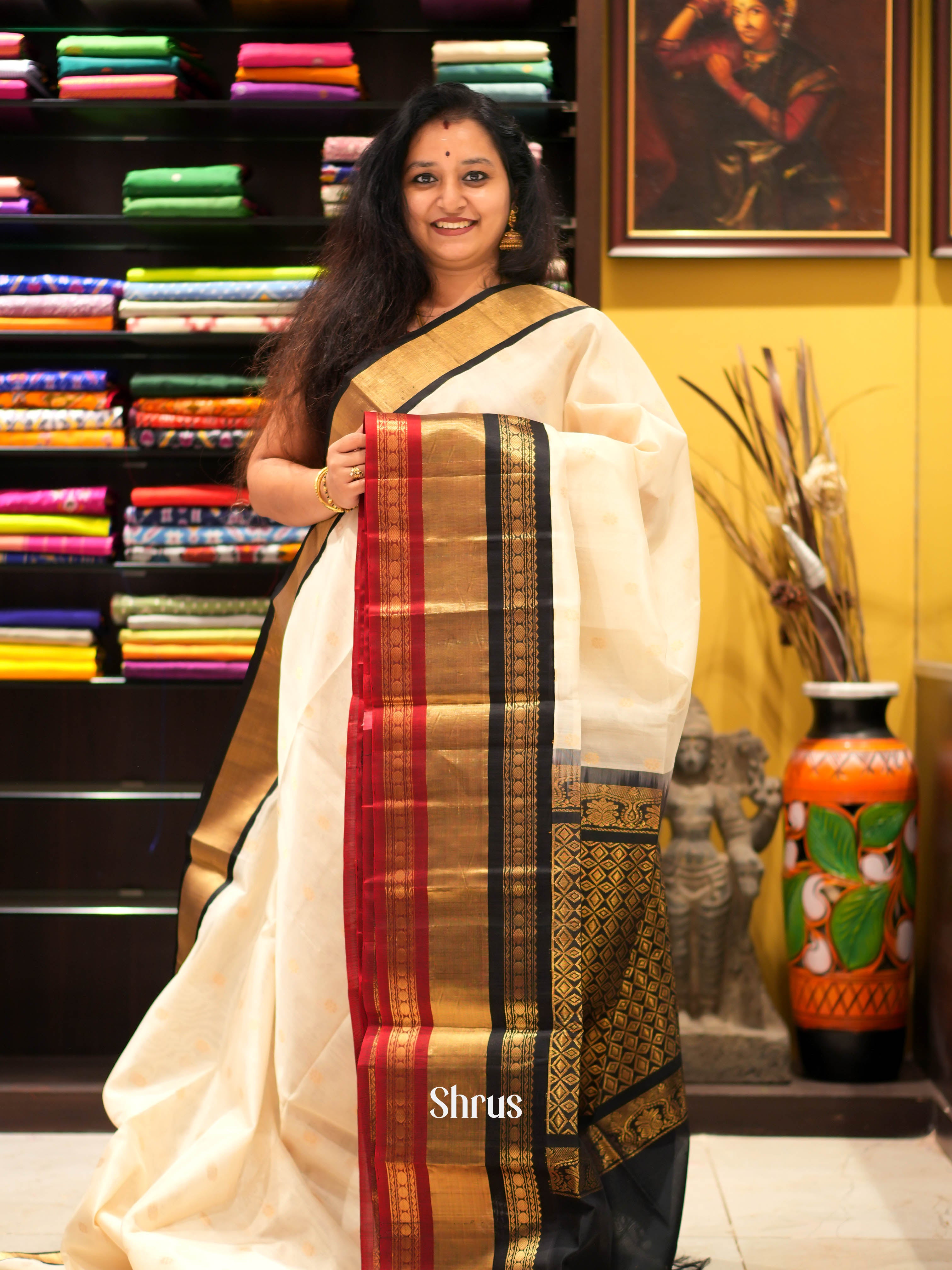 Cream & Black - Silk Cotton Saree - Shop on ShrusEternity.com