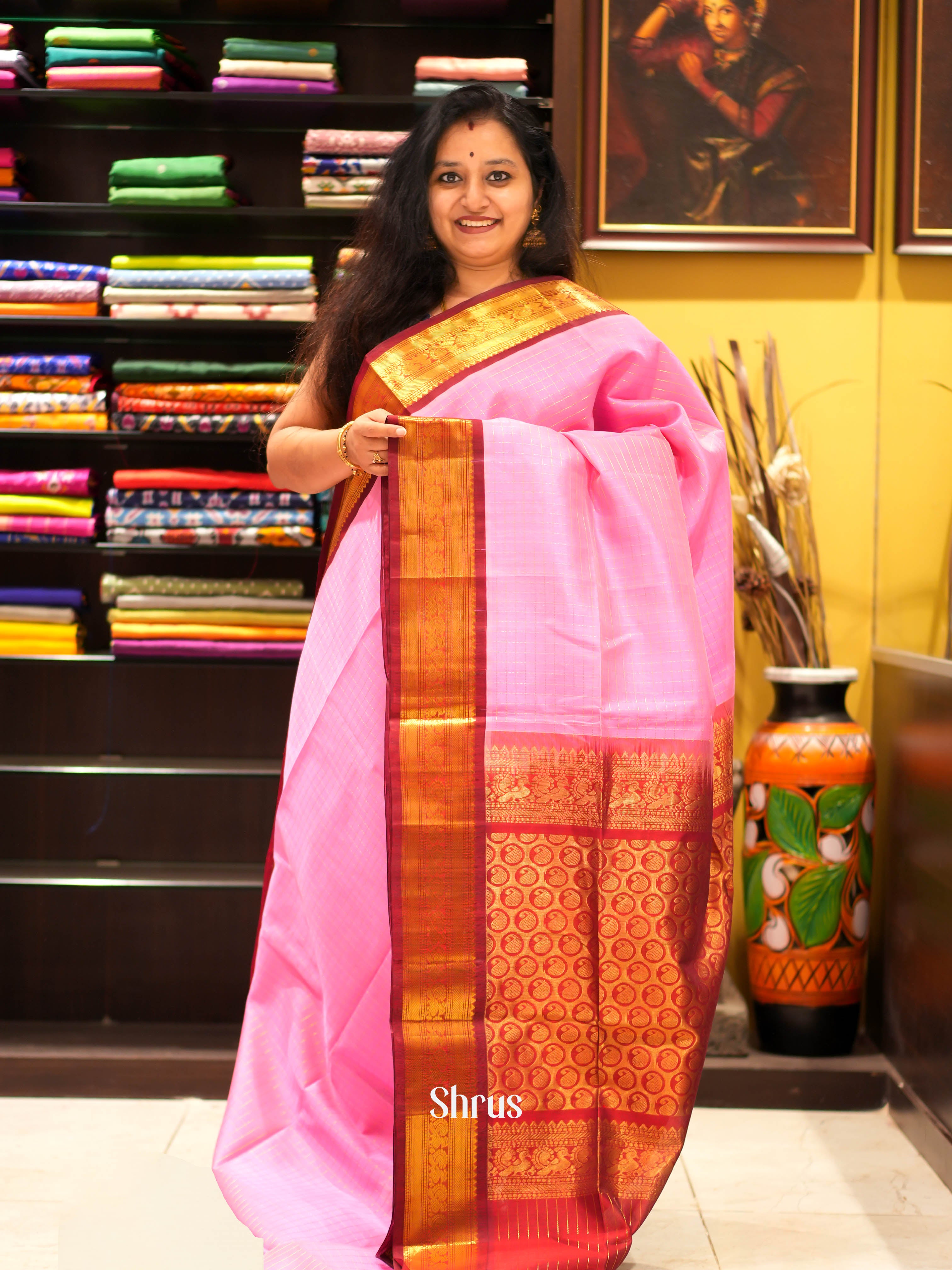 Pink & Red - Silk Cotton Saree - Shop on ShrusEternity.com