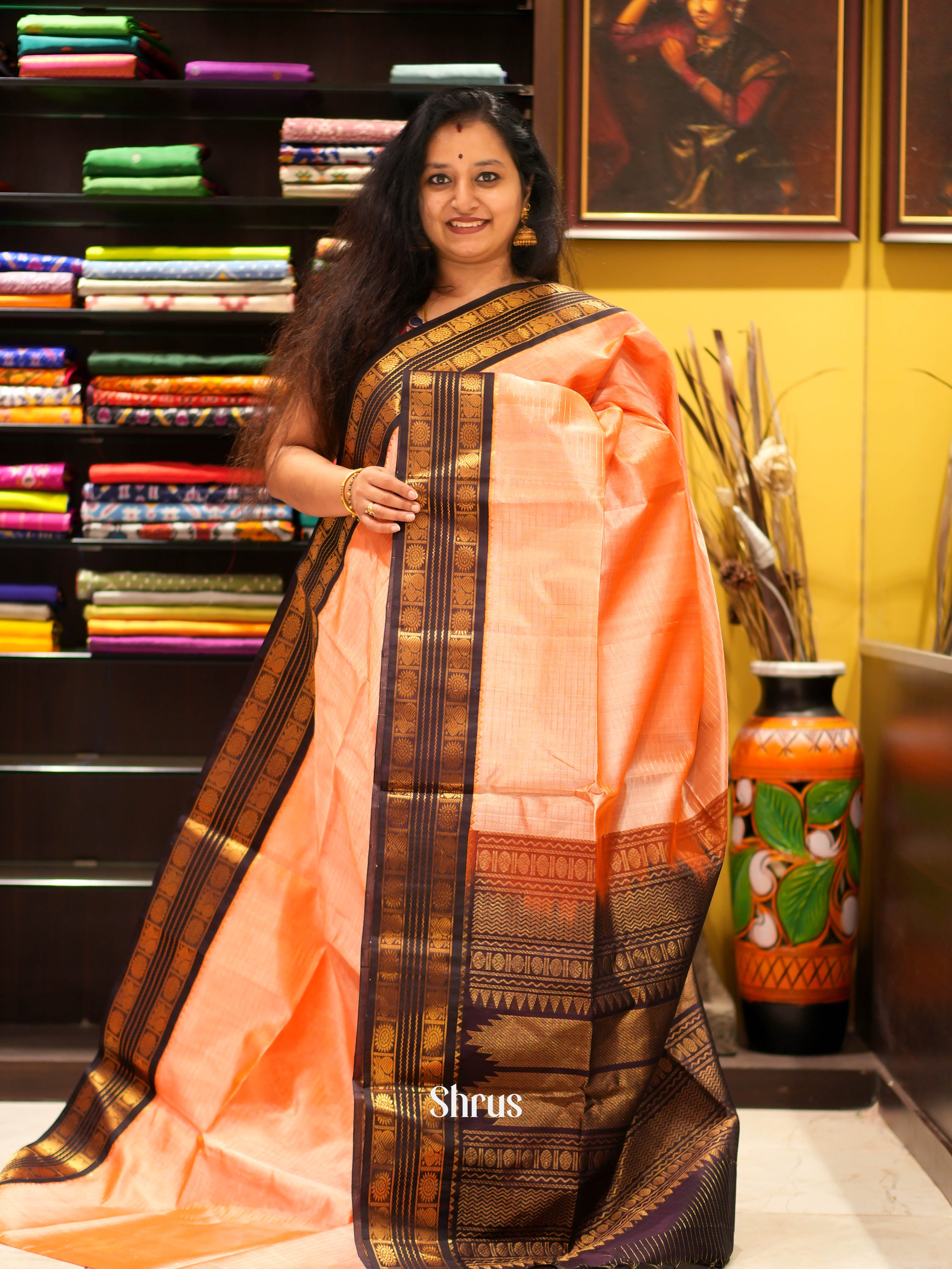 Peach & Brown - Silk Cotton Saree - Shop on ShrusEternity.com