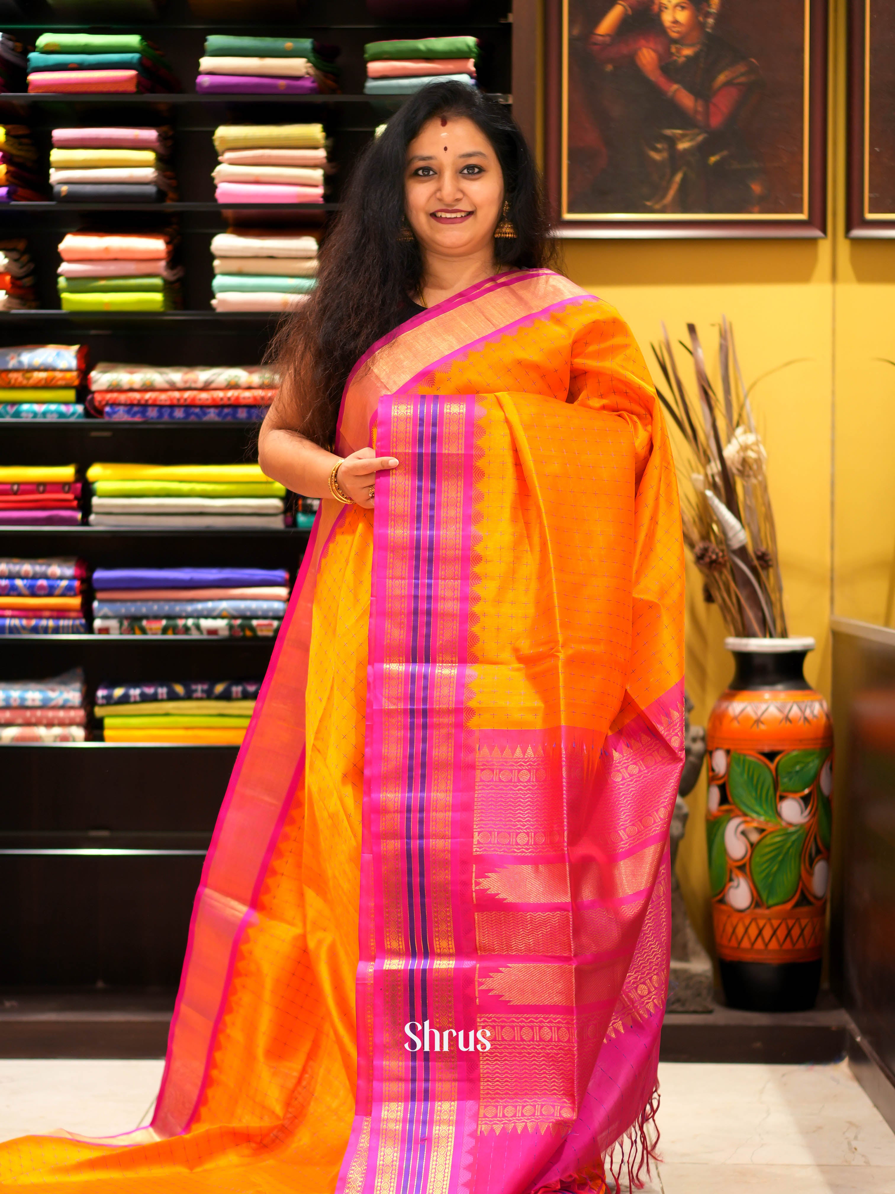 Orange & Pink - Silk cotton Saree - Shop on ShrusEternity.com
