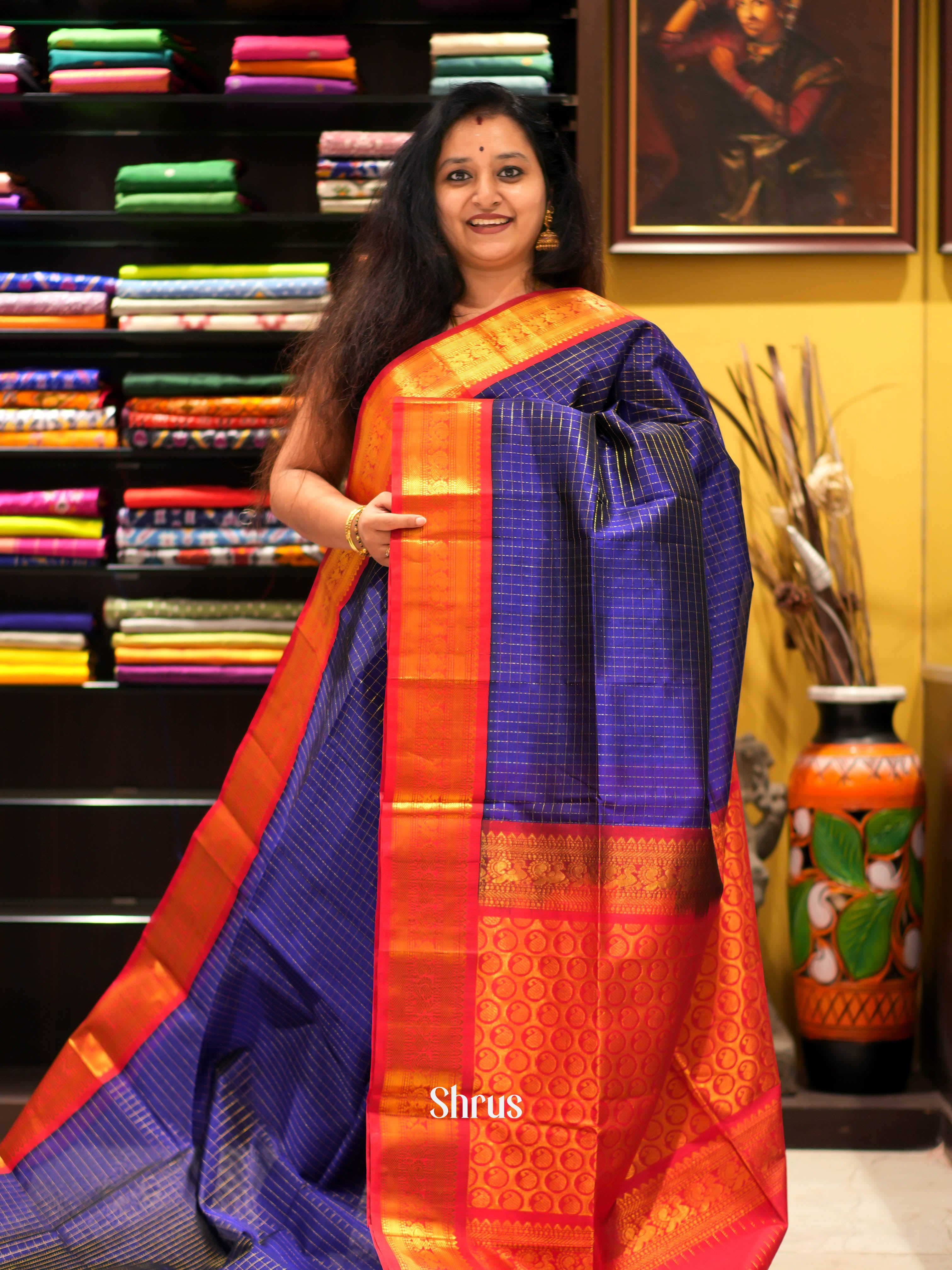 Blue & Red - Silk Cotton Saree - Shop on ShrusEternity.com