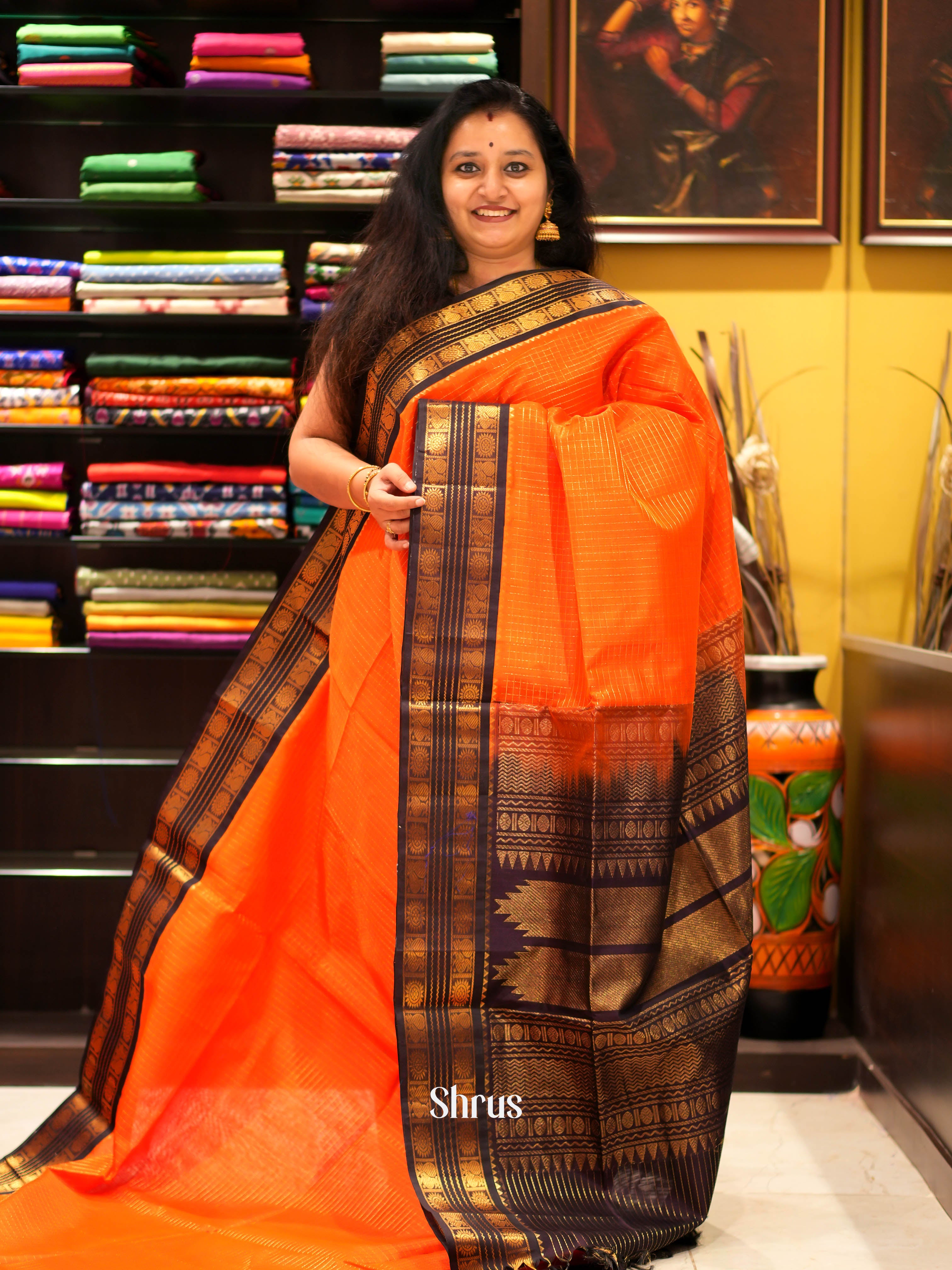 Orange & Brown - Silk Cotton Saree - Shop on ShrusEternity.com