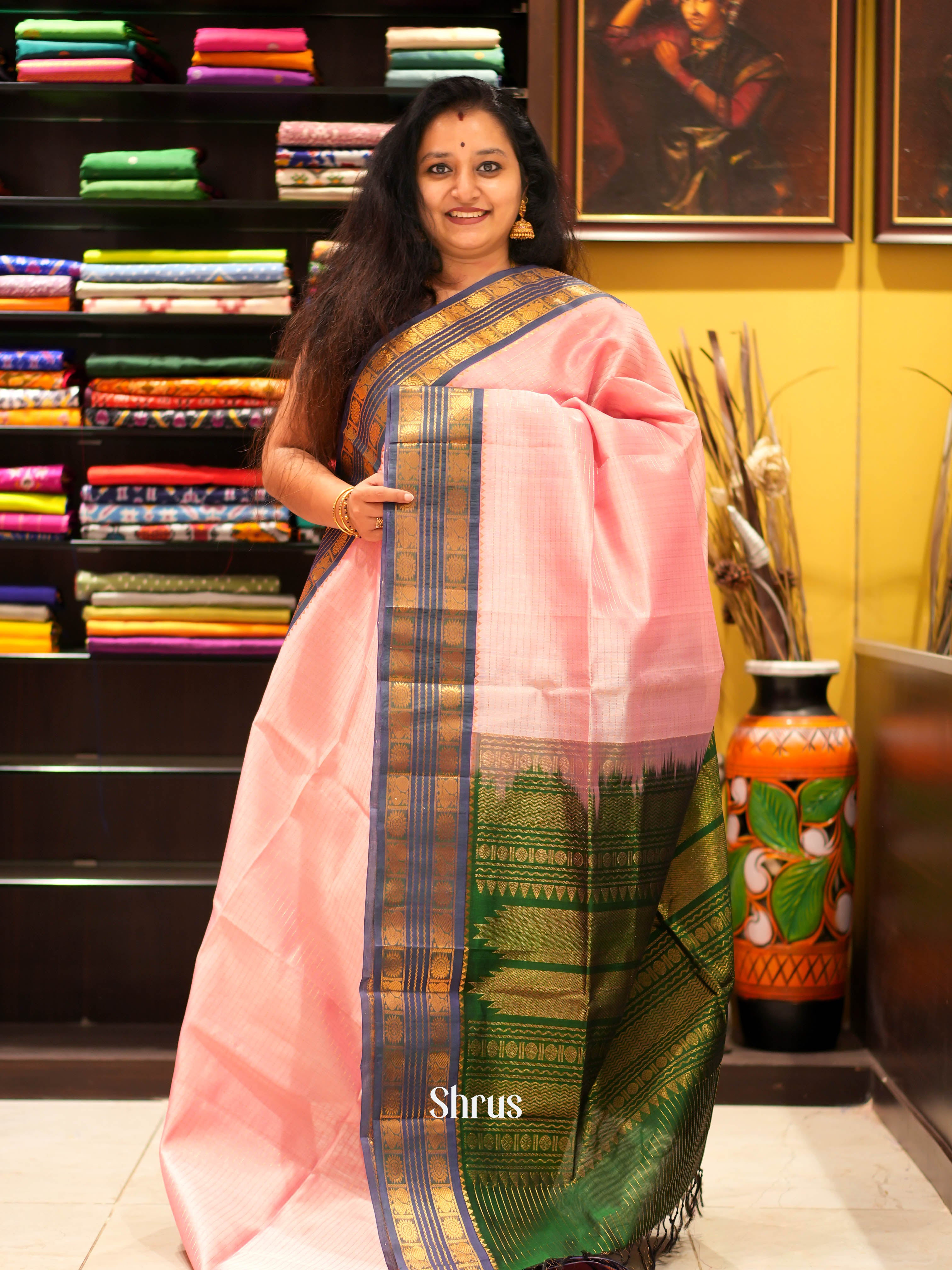 Pink & Green - Silk Cotton Saree - Shop on ShrusEternity.com