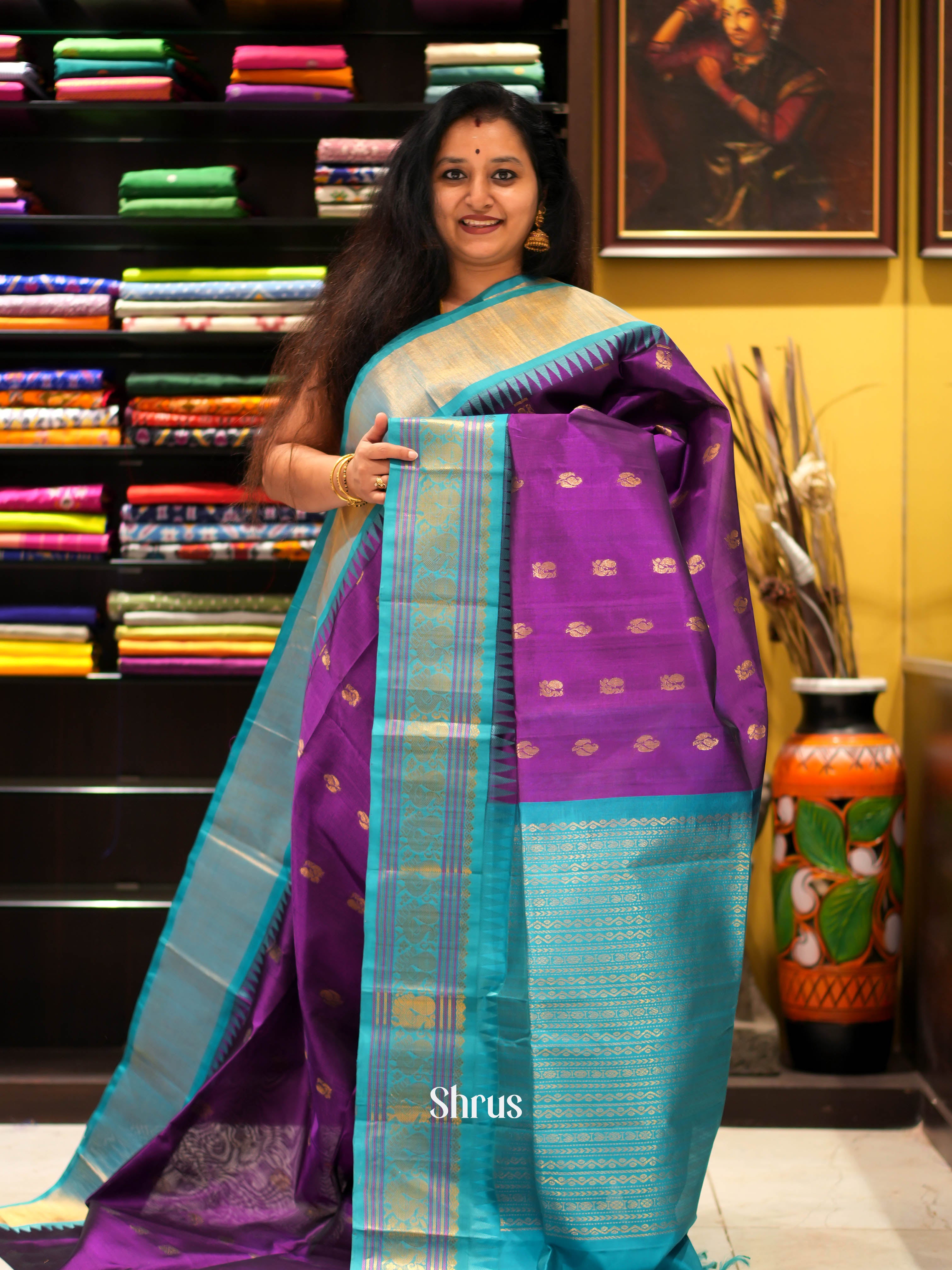 Purple & Teal - Silk Cotton Saree - Shop on ShrusEternity.com
