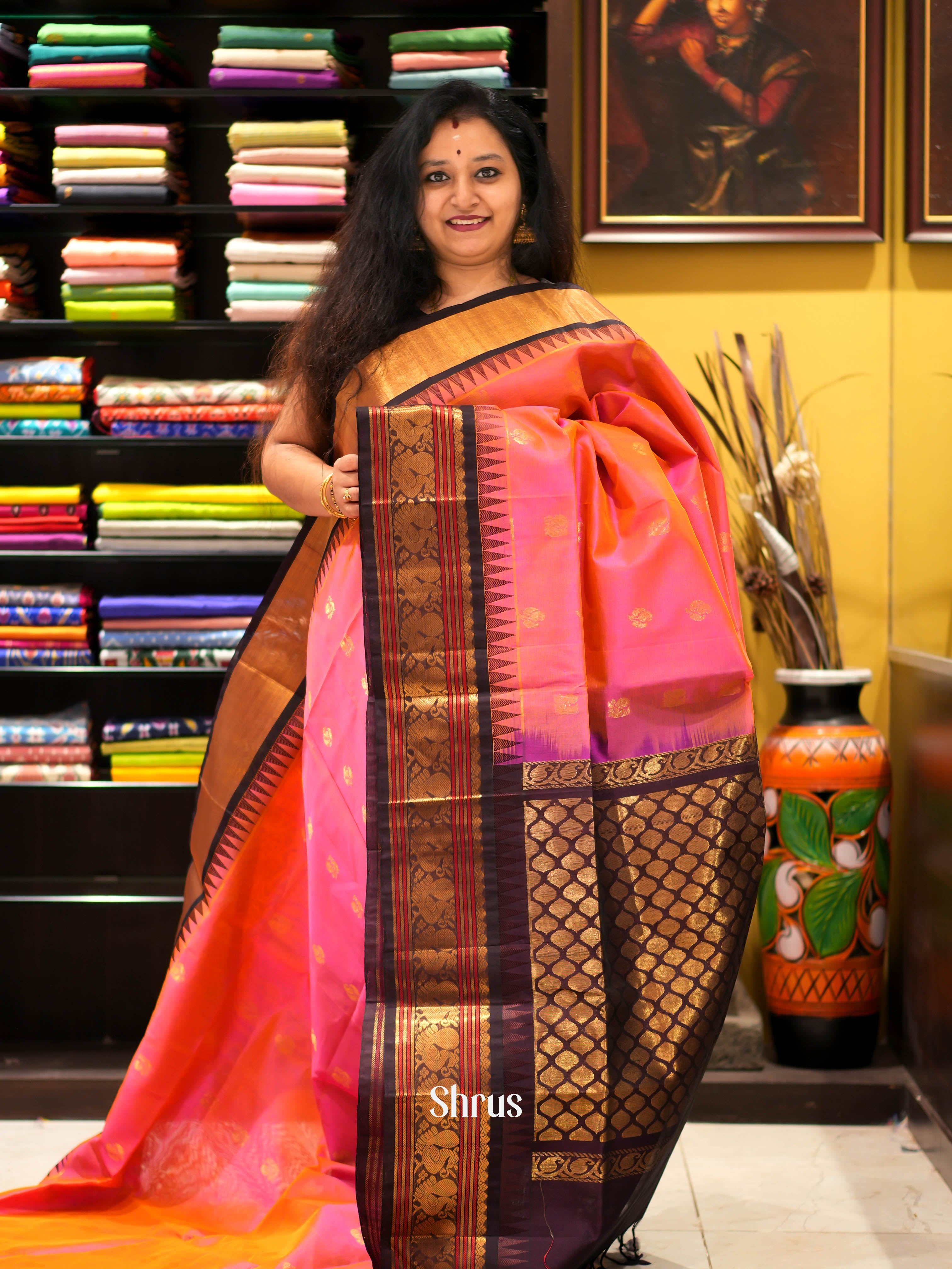 Pink & Brown - Silk cotton Saree - Shop on ShrusEternity.com