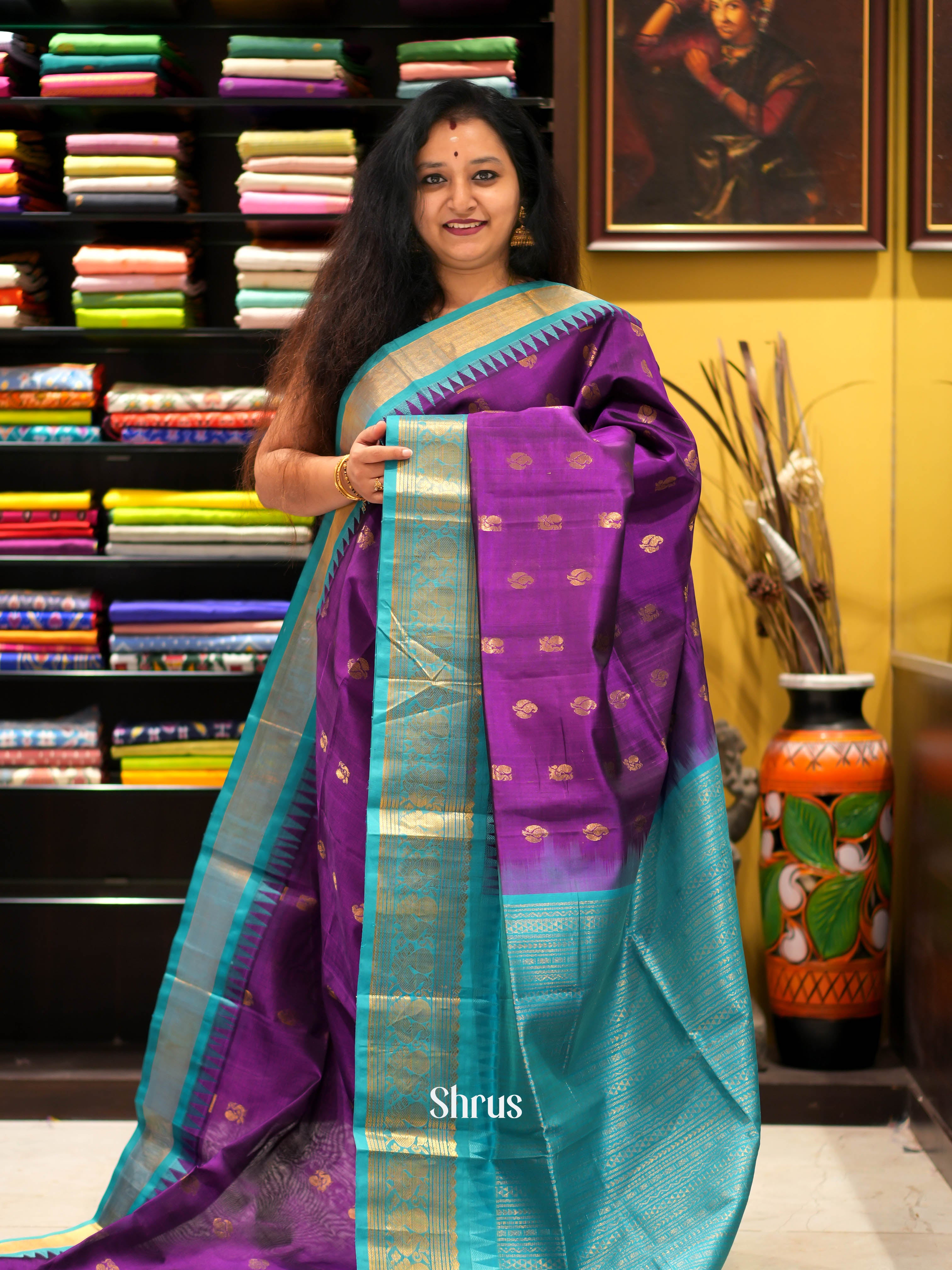 Violet & Teal - Silk cotton Saree - Shop on ShrusEternity.com
