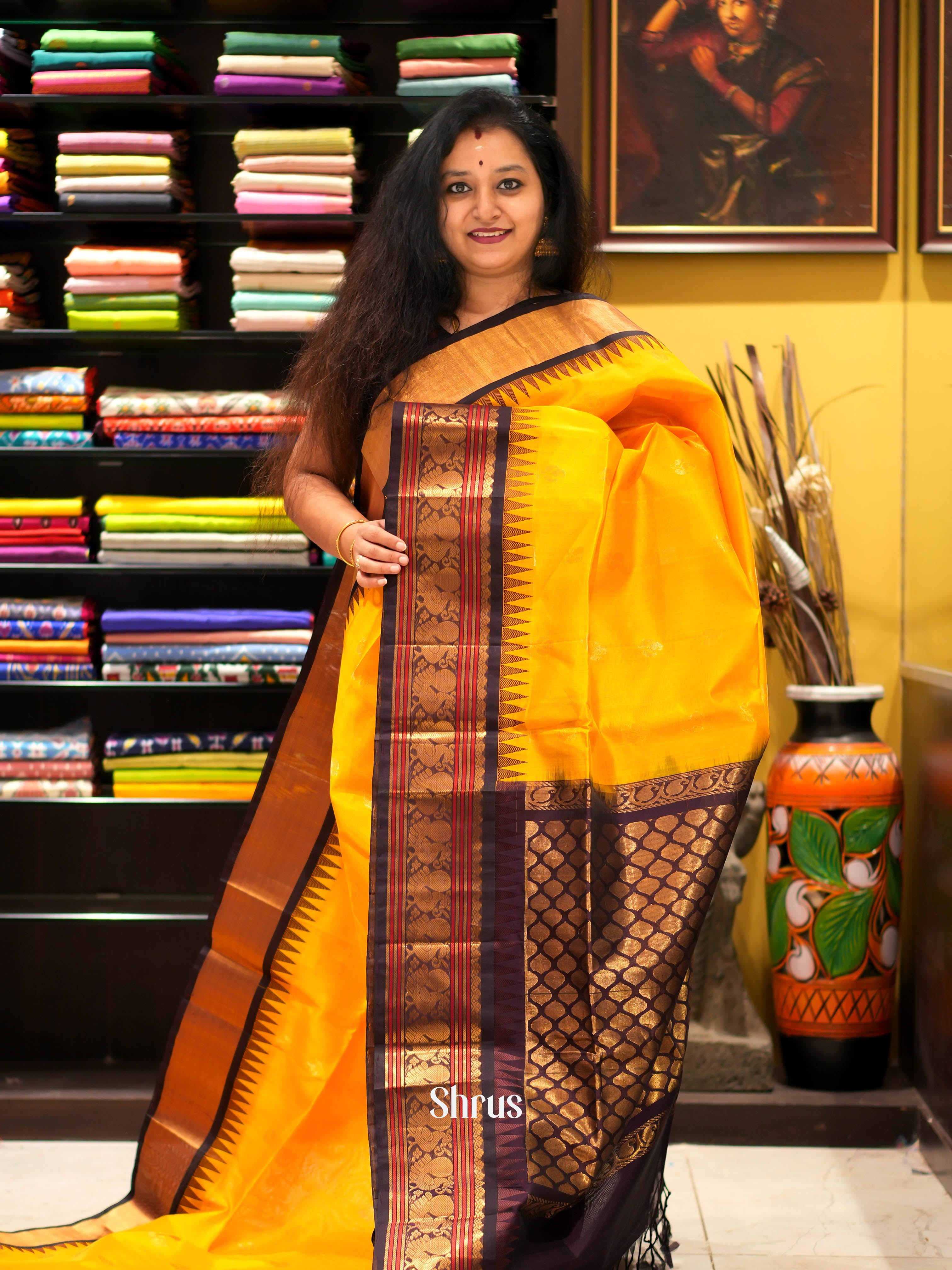 Yellow & Brown - Silk cotton Saree - Shop on ShrusEternity.com