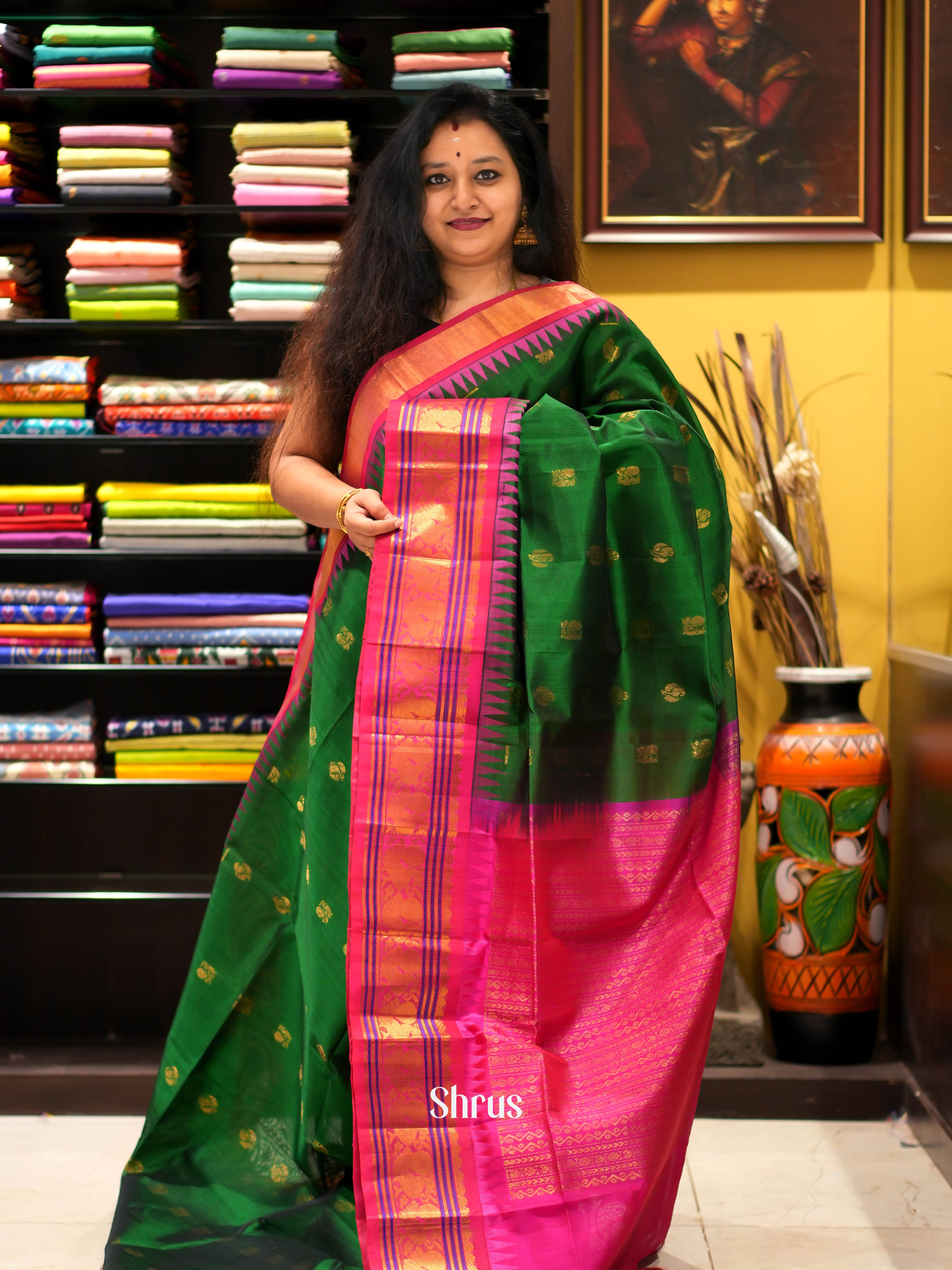 Green & Pink - Silk cotton Saree - Shop on ShrusEternity.com