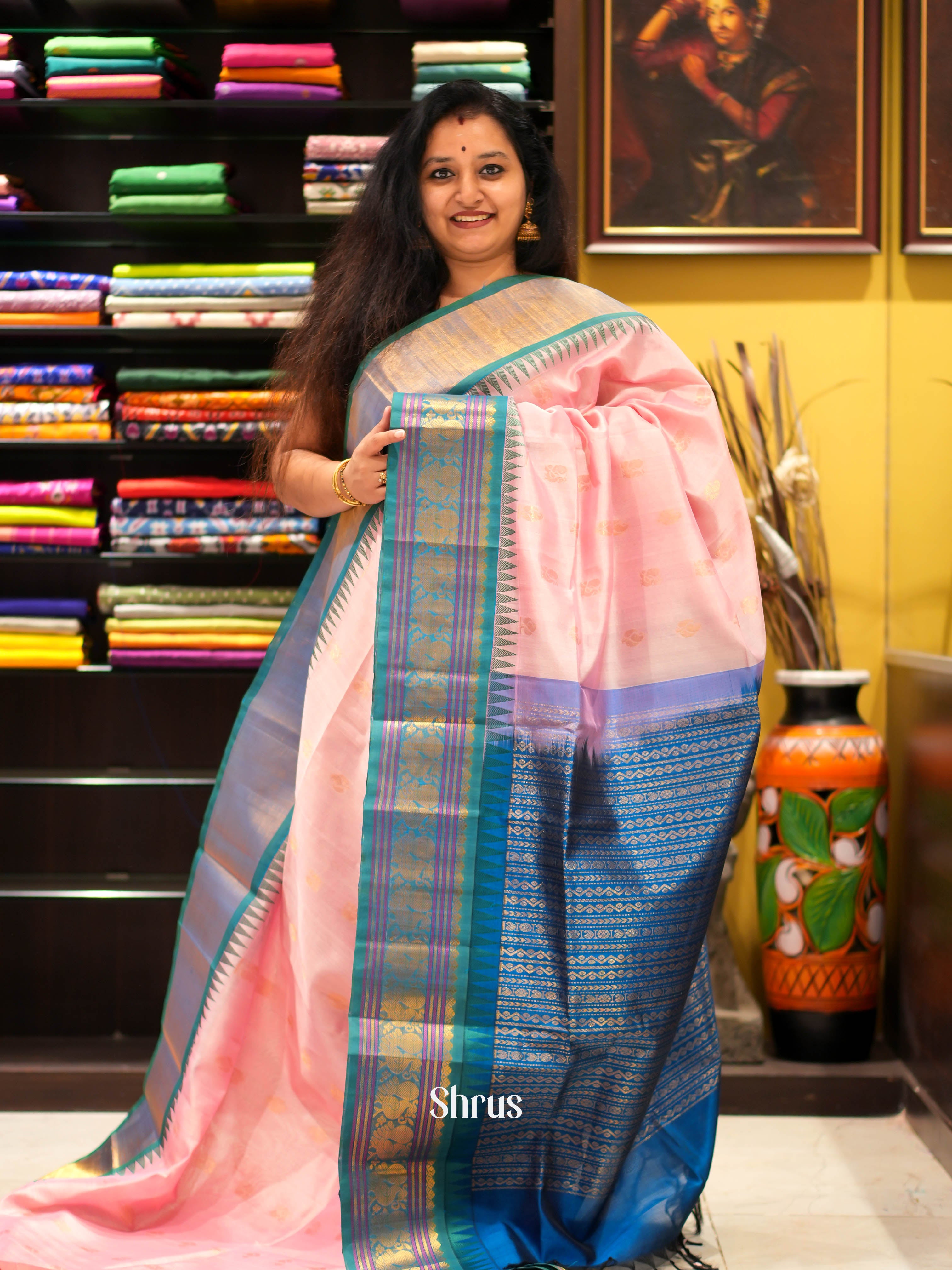 Baby Pink & Blue - Silk Cotton Saree - Shop on ShrusEternity.com