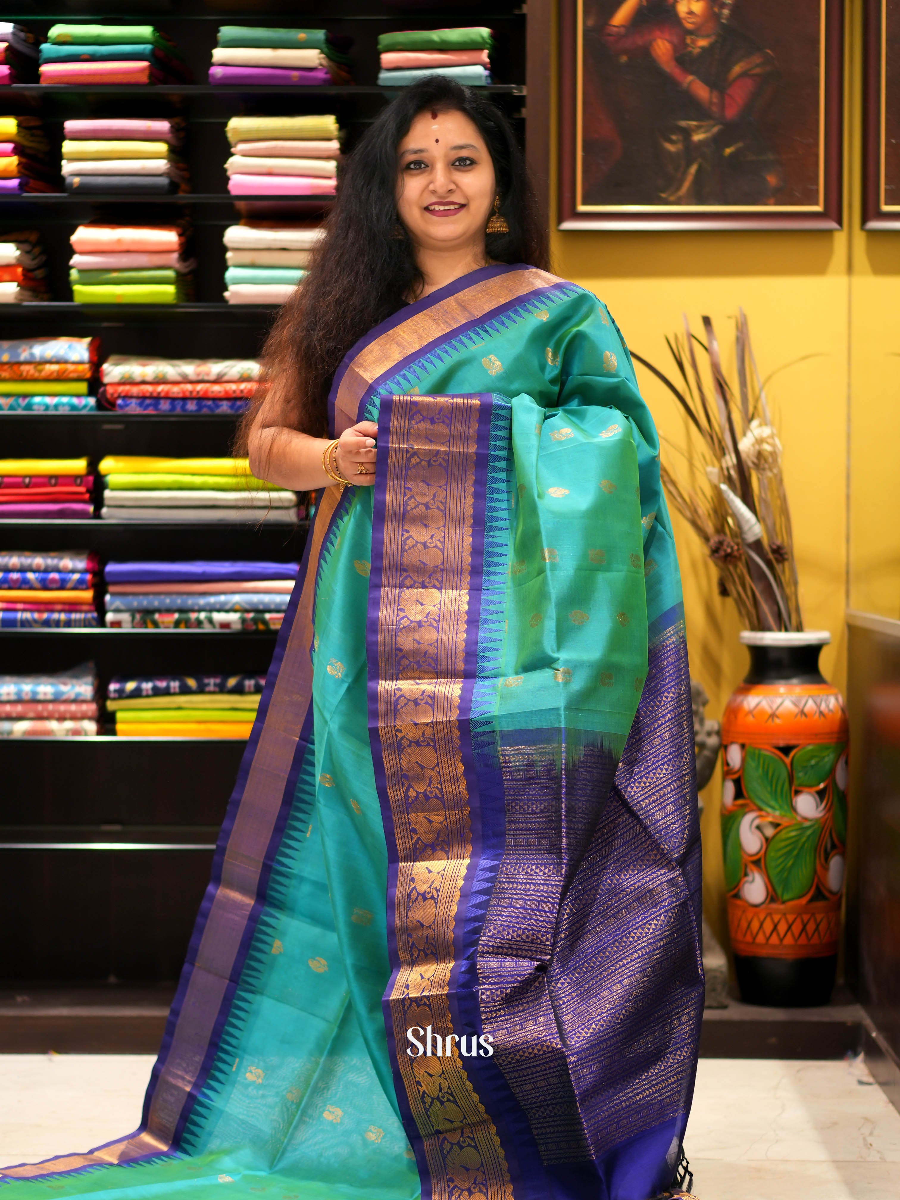 Teal & Blue - Silk cotton Saree - Shop on ShrusEternity.com