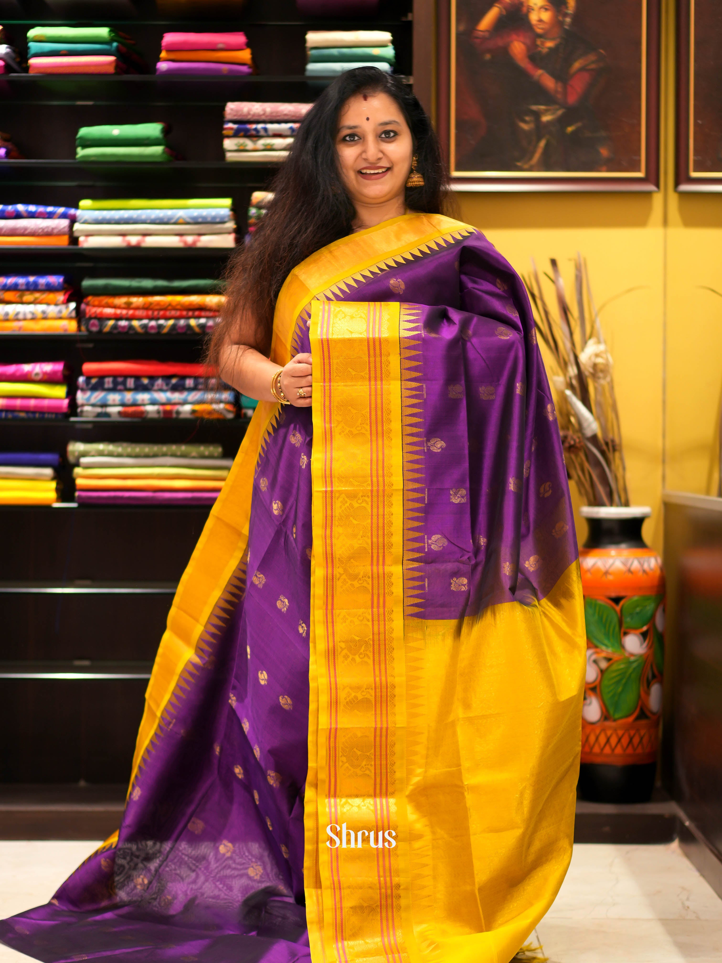 Violet & Yellow- Silk Cotton Saree - Shop on ShrusEternity.com
