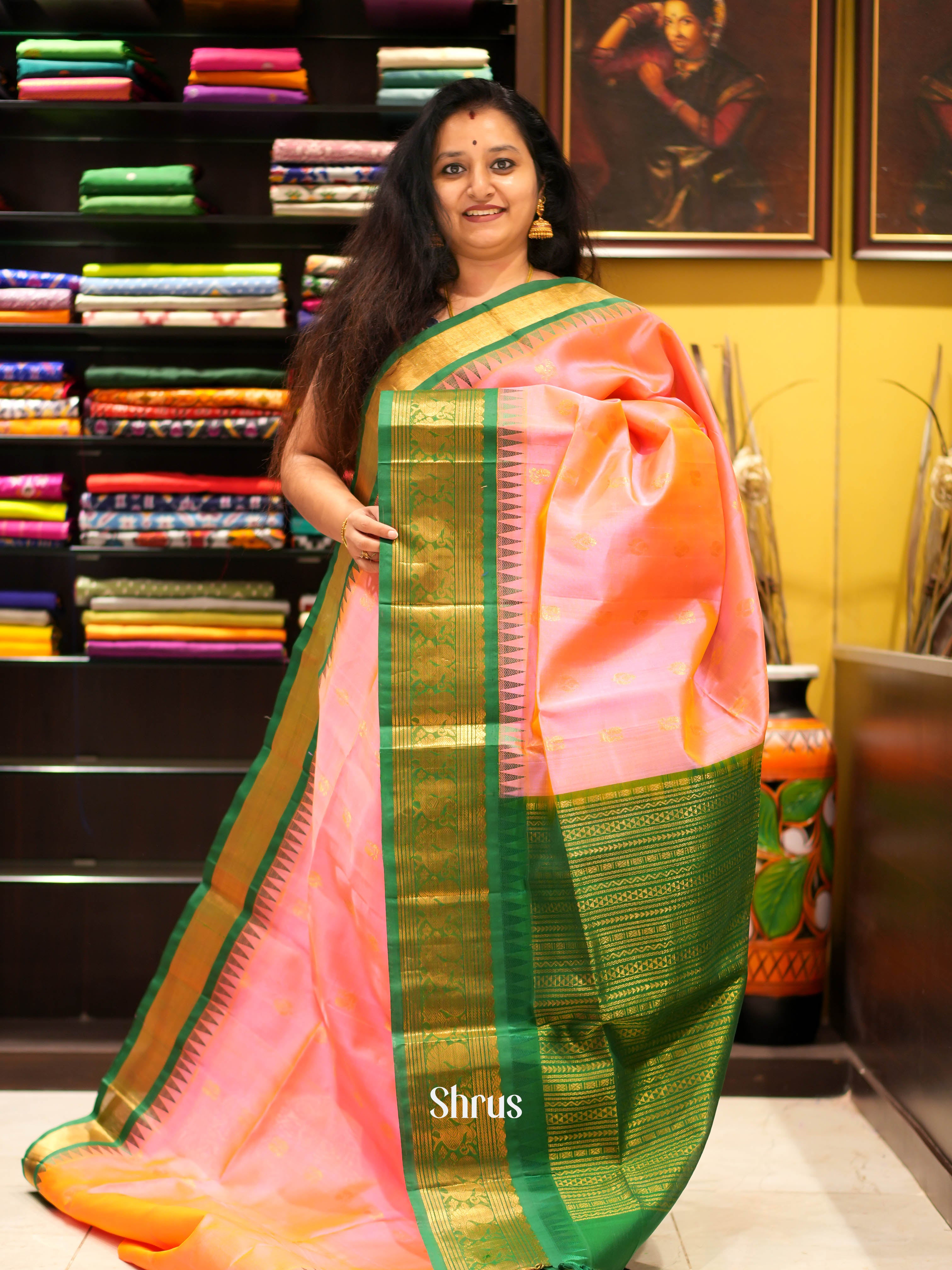 Pink & Green - Silk Cotton Saree - Shop on ShrusEternity.com