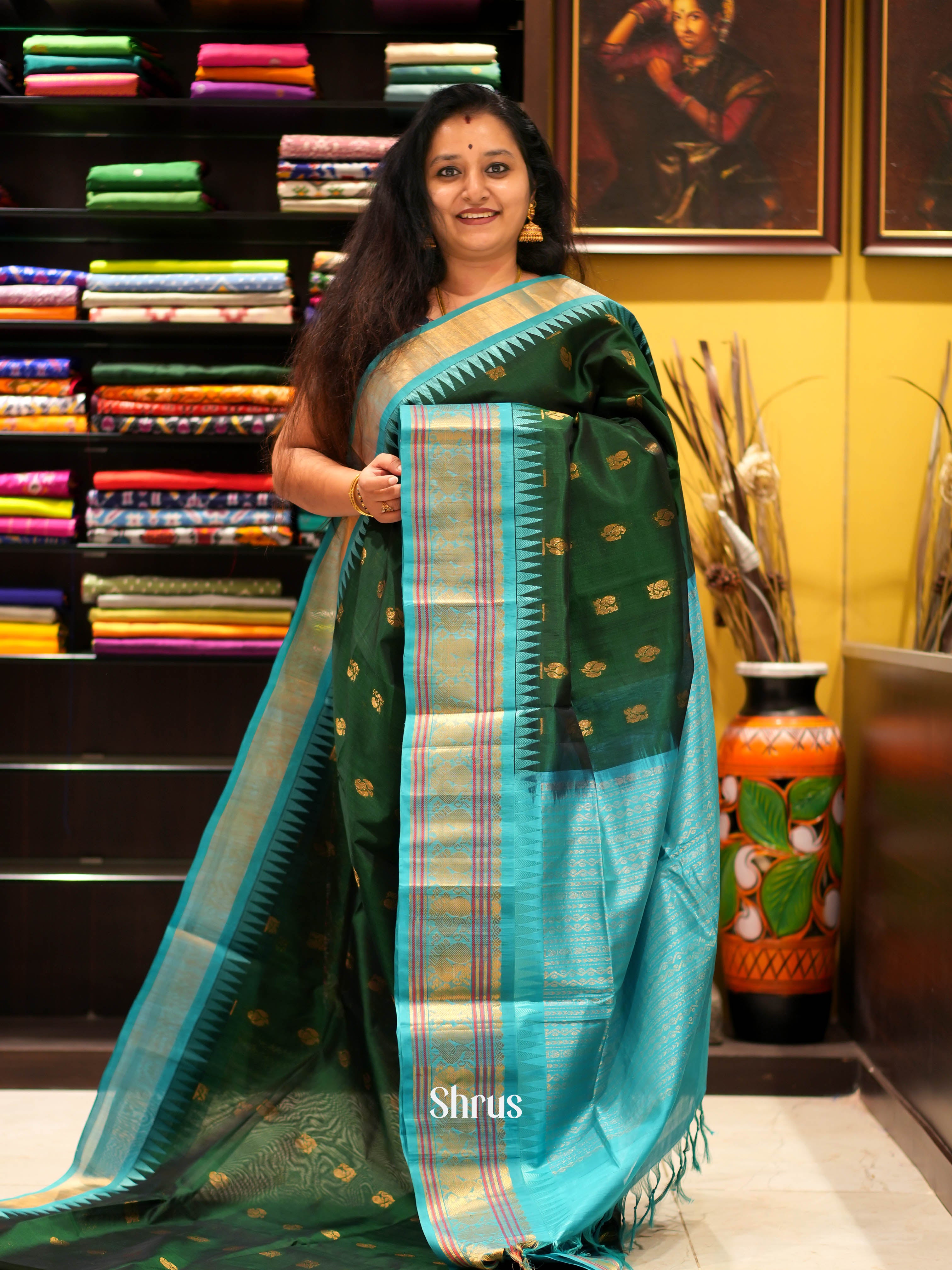 Green & Teal - Silk Cotton Saree - Shop on ShrusEternity.com