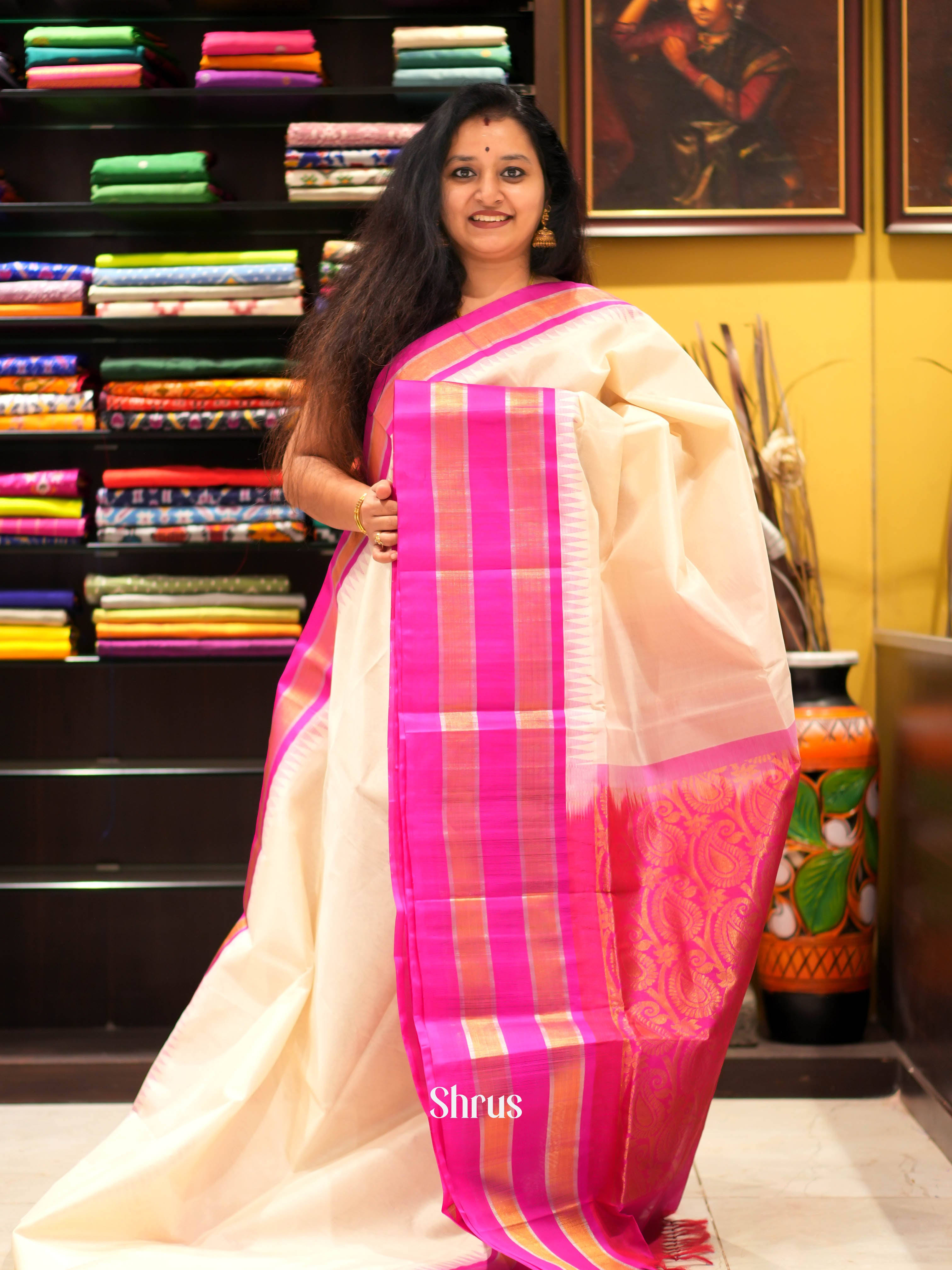 Cream & Pink - Silk Cotton Saree - Shop on ShrusEternity.com