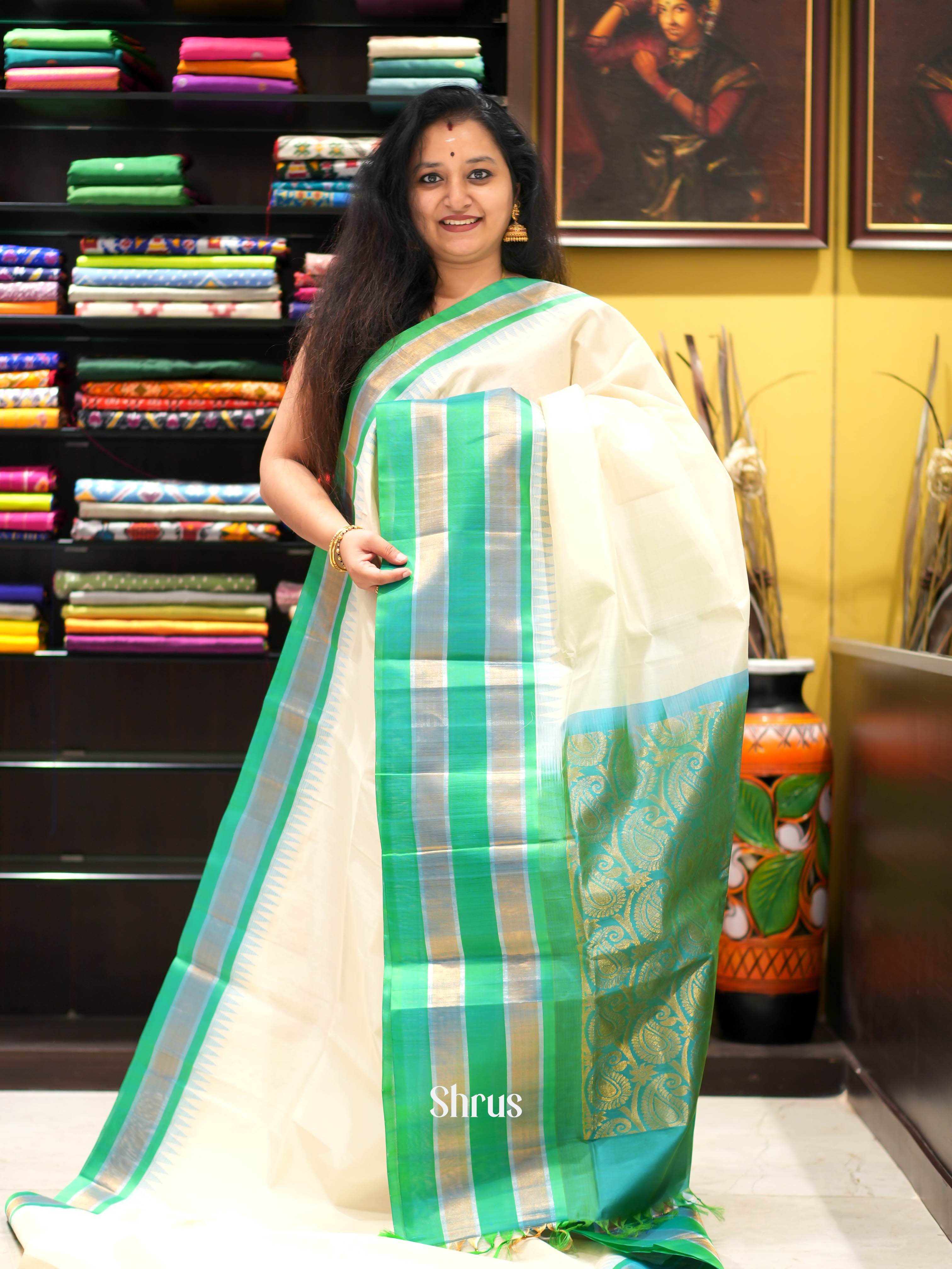 Cream & Teal- Silk Cotton Saree - Shop on ShrusEternity.com