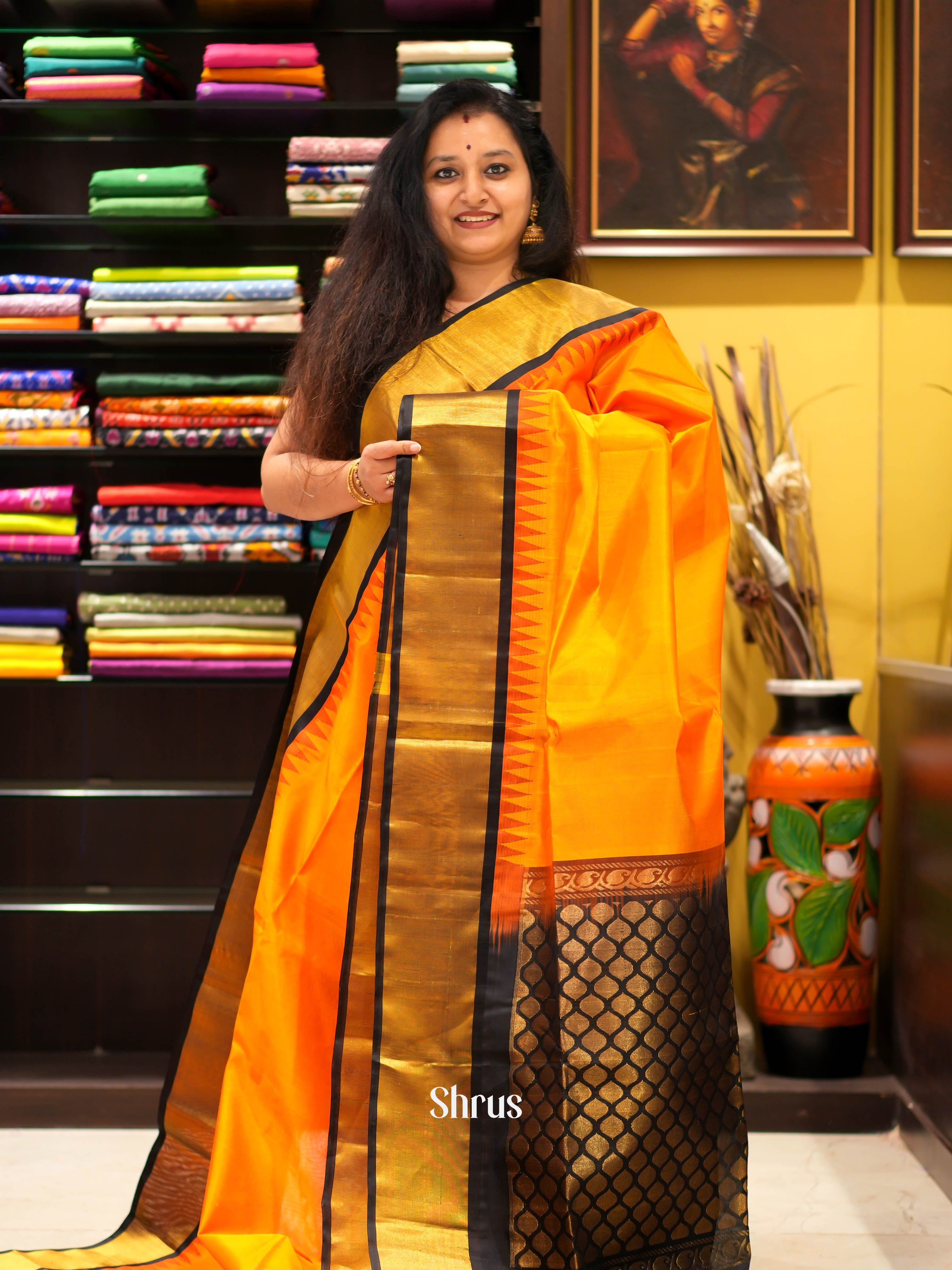 Yellow & Black - Silk Cotton Saree - Shop on ShrusEternity.com