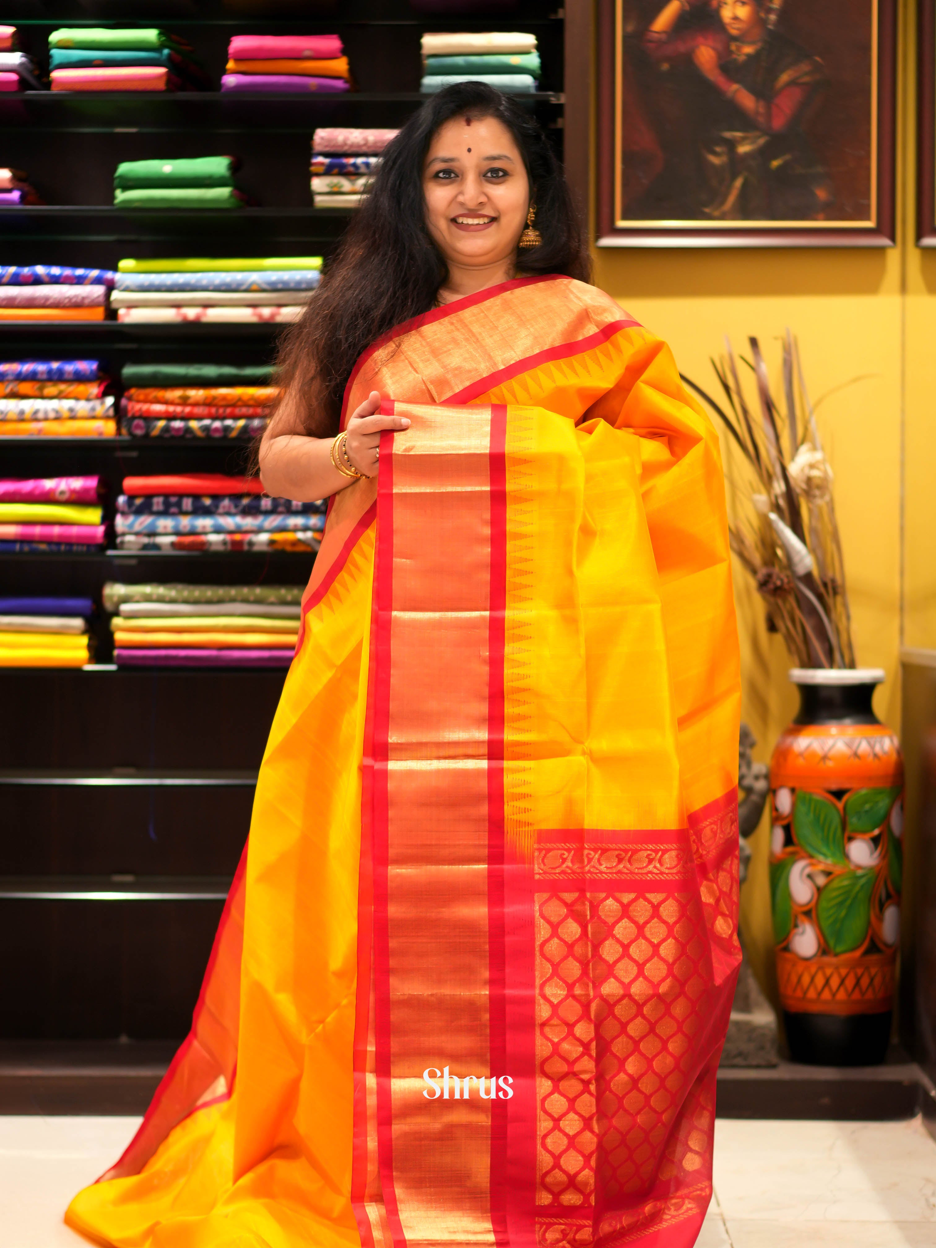 Yellow & Red - Silk Cotton Saree - Shop on ShrusEternity.com