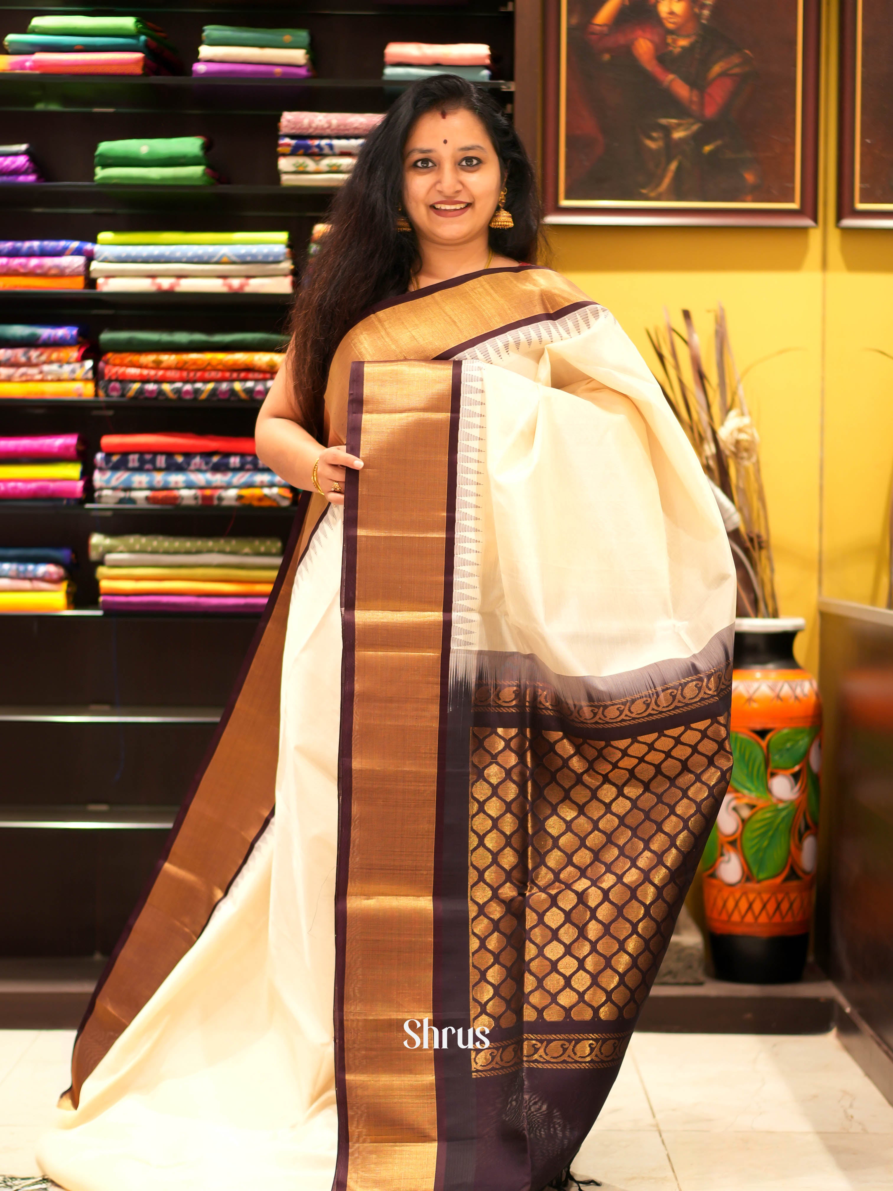 Cream & Brown - Silk Cotton Saree - Shop on ShrusEternity.com